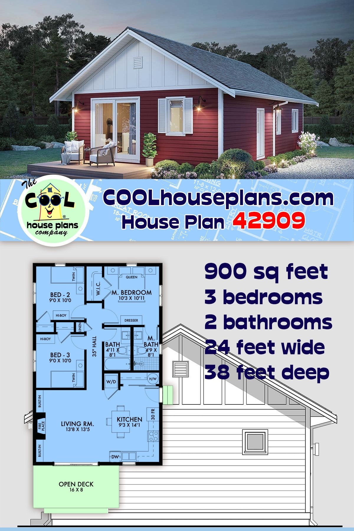 House Plan 42909 Traditional Style With 900 Sq Ft 3 Bed 2 Bat