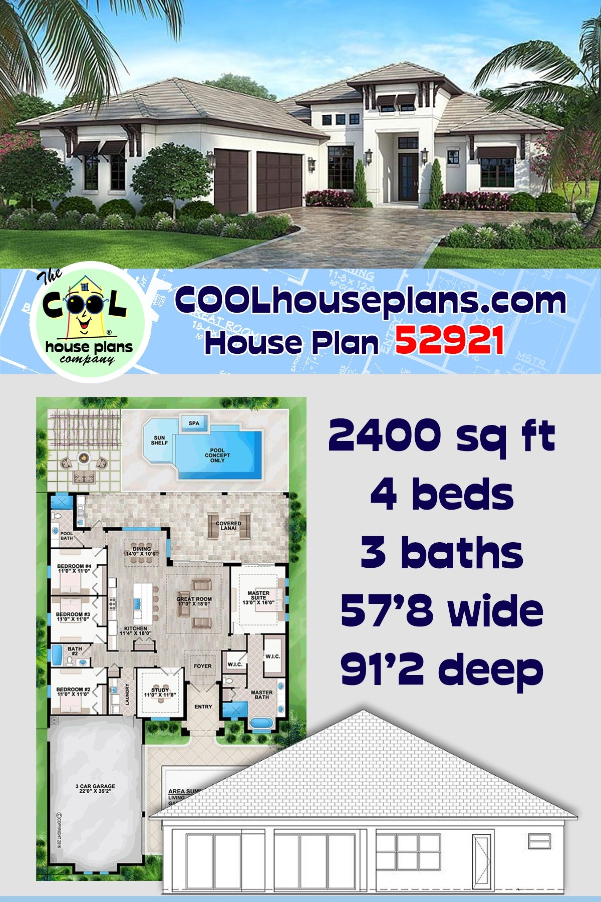 House Plan 52921 Florida Style With 2400 Sq Ft 4 Bed 3 Bath