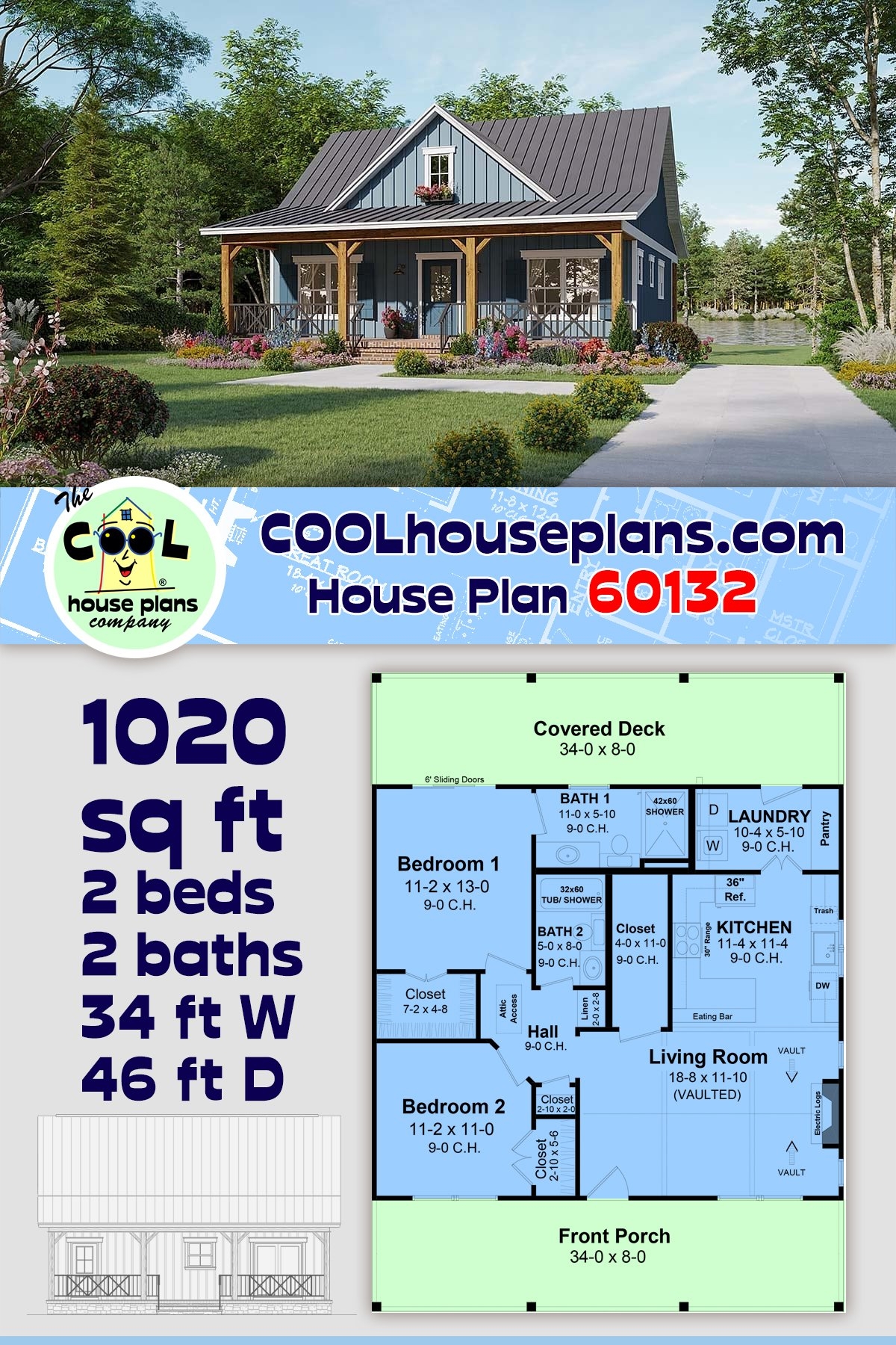 House Plan 60132 Ranch Style With 1020 Sq Ft 2 Bed 2 Bath House Plan 60132 Ranch Style With 1020 Sq Ft 2 Bed 2 Bath