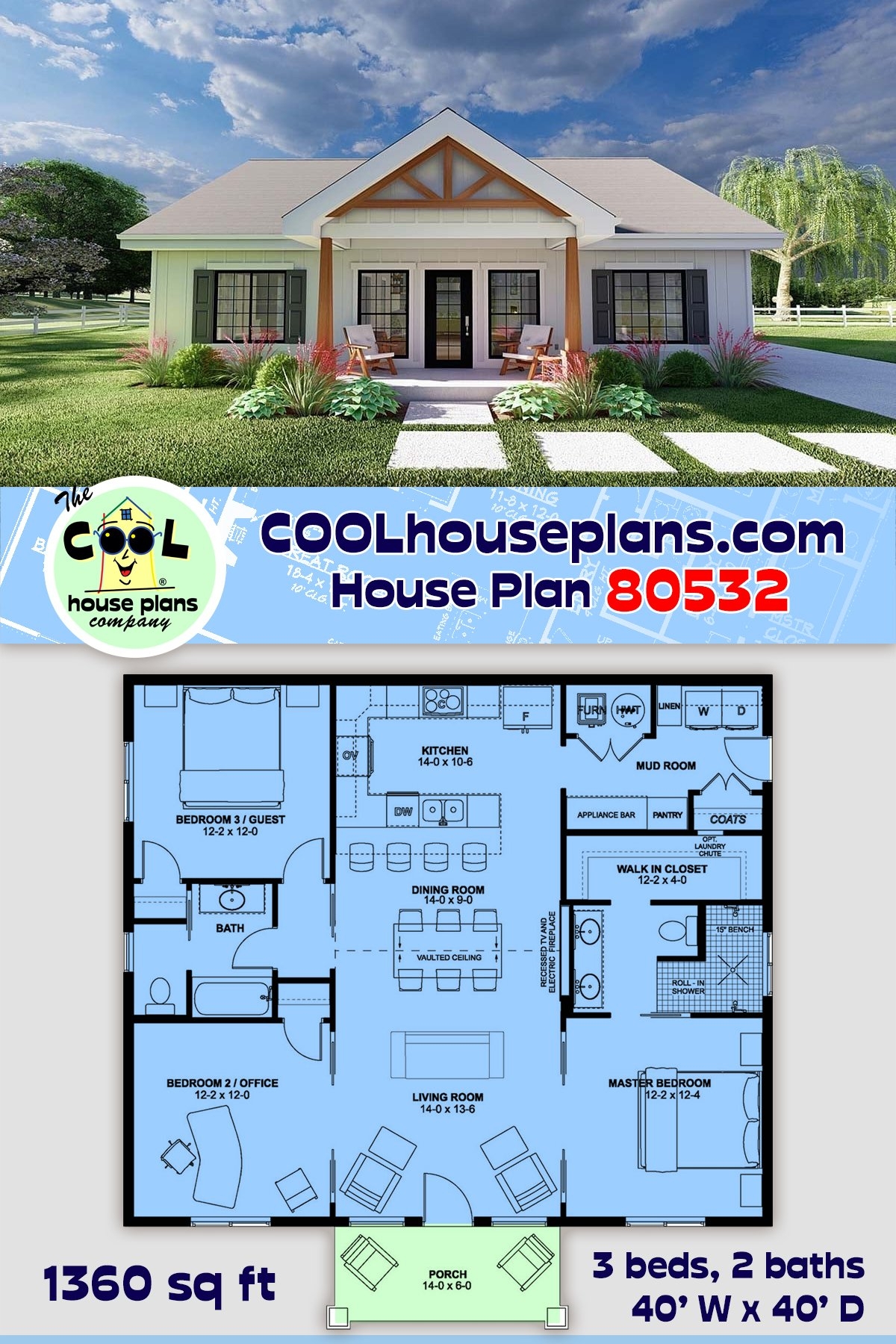 House Plan 80532 Ranch Style With 1360 Sq Ft 3 Bed 2 Bath