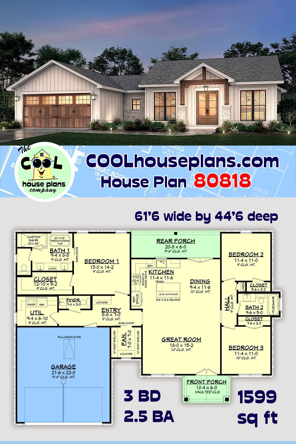 House Plan 80818 Ranch Style With 1599 Sq Ft 3 Bed 2 Bath 1