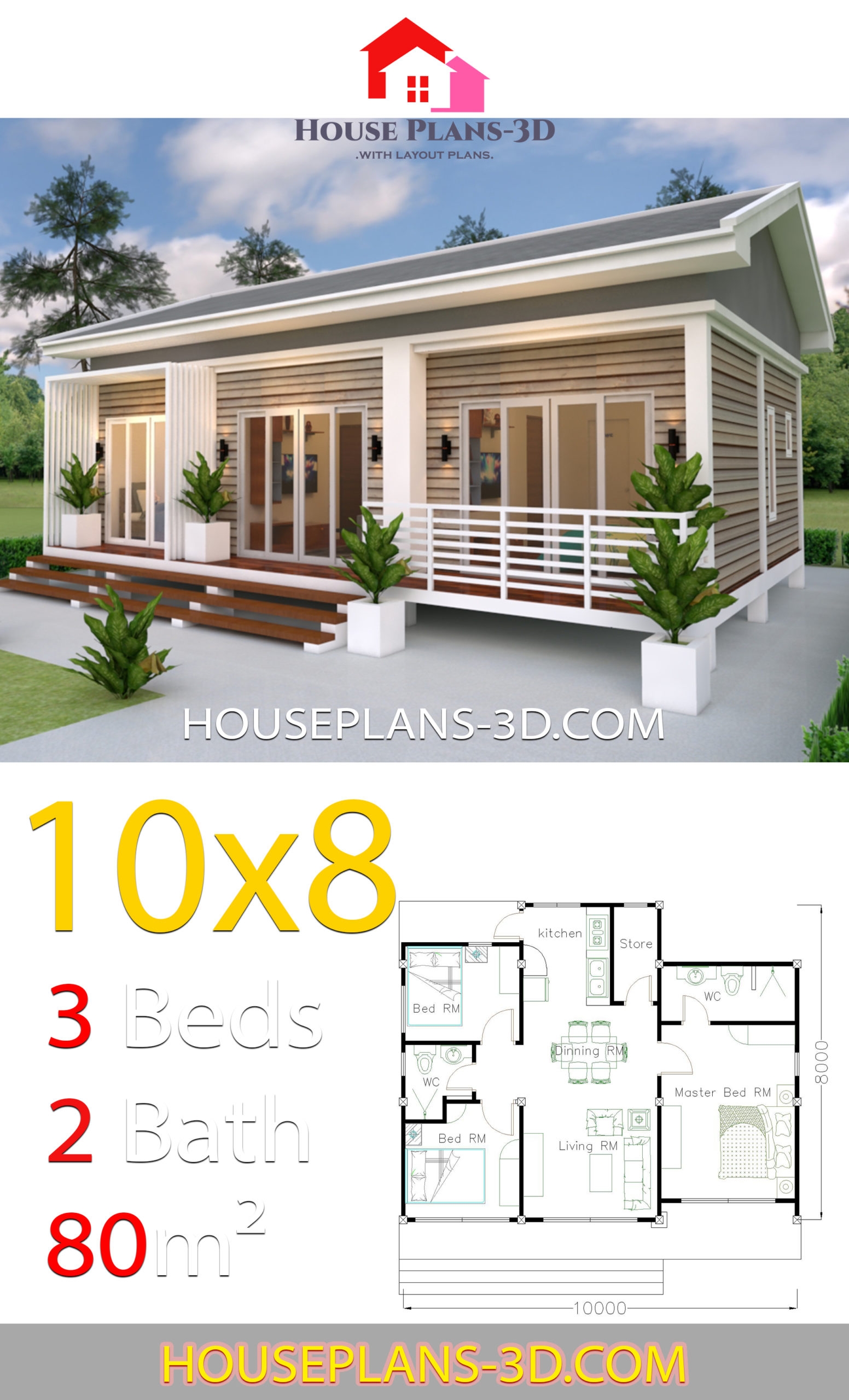 House Plans 10x8 With 3 Bedrooms Gable Roof House Plans 3D