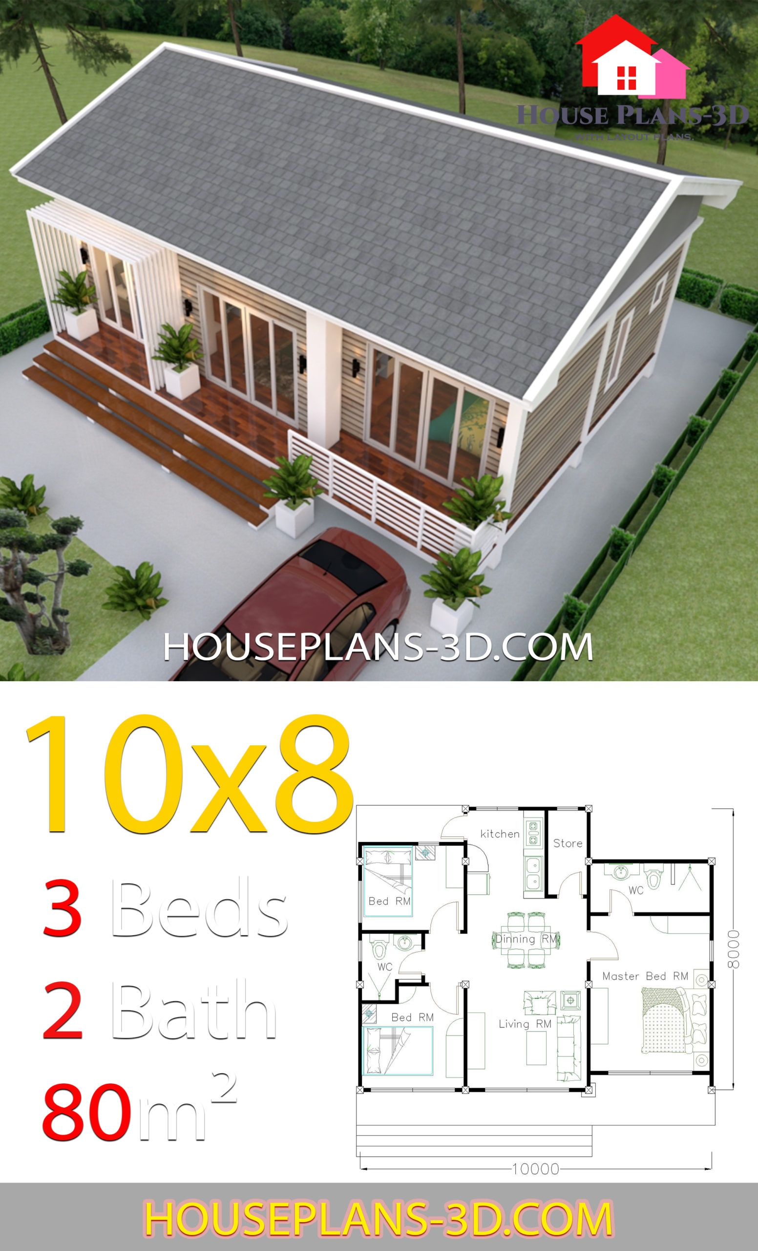 House Plans 10x8 With 3 Bedrooms Gable Roof House Plans 3D House Plans 10x8 With 3 Bedrooms Gable Roof House Plans 3D