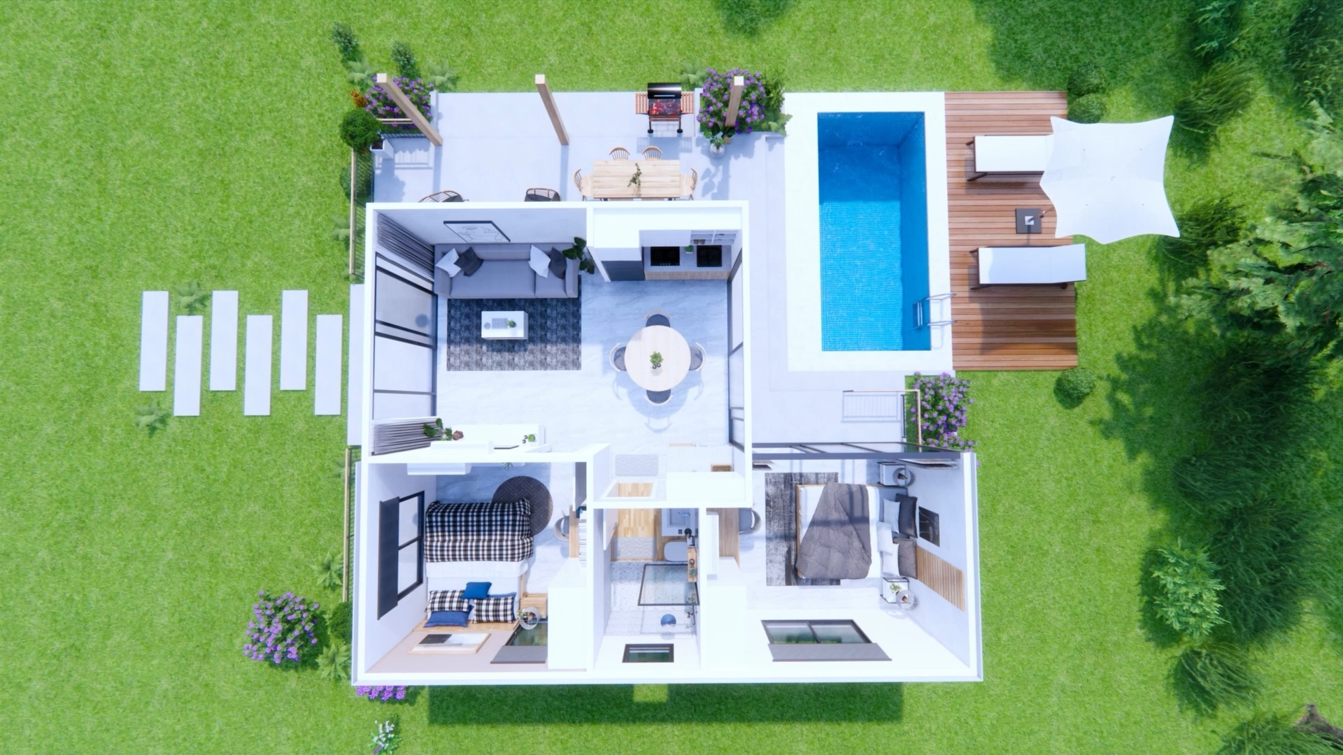 House Plans 3d 7x9 Meter 2 Bed 1 Bath With Swimming Pool House House Plans 3d 7x9 Meter 2 Bed 1 Bath With Swimming Pool House