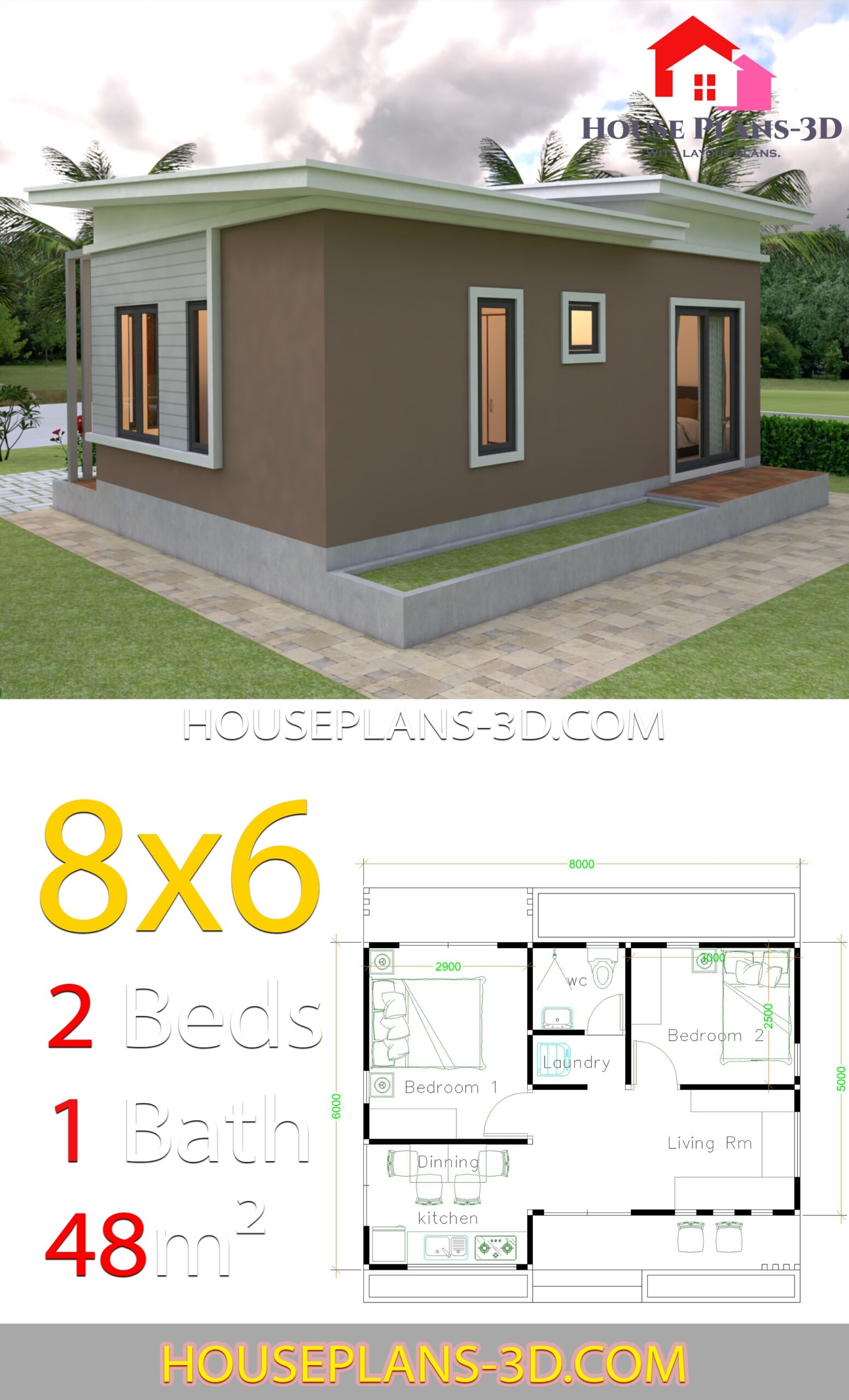 House Plans 8x6 With 2 Bedrooms Slope Roof House Plans 3D House Plans 8x6 With 2 Bedrooms Slope Roof House Plans 3D