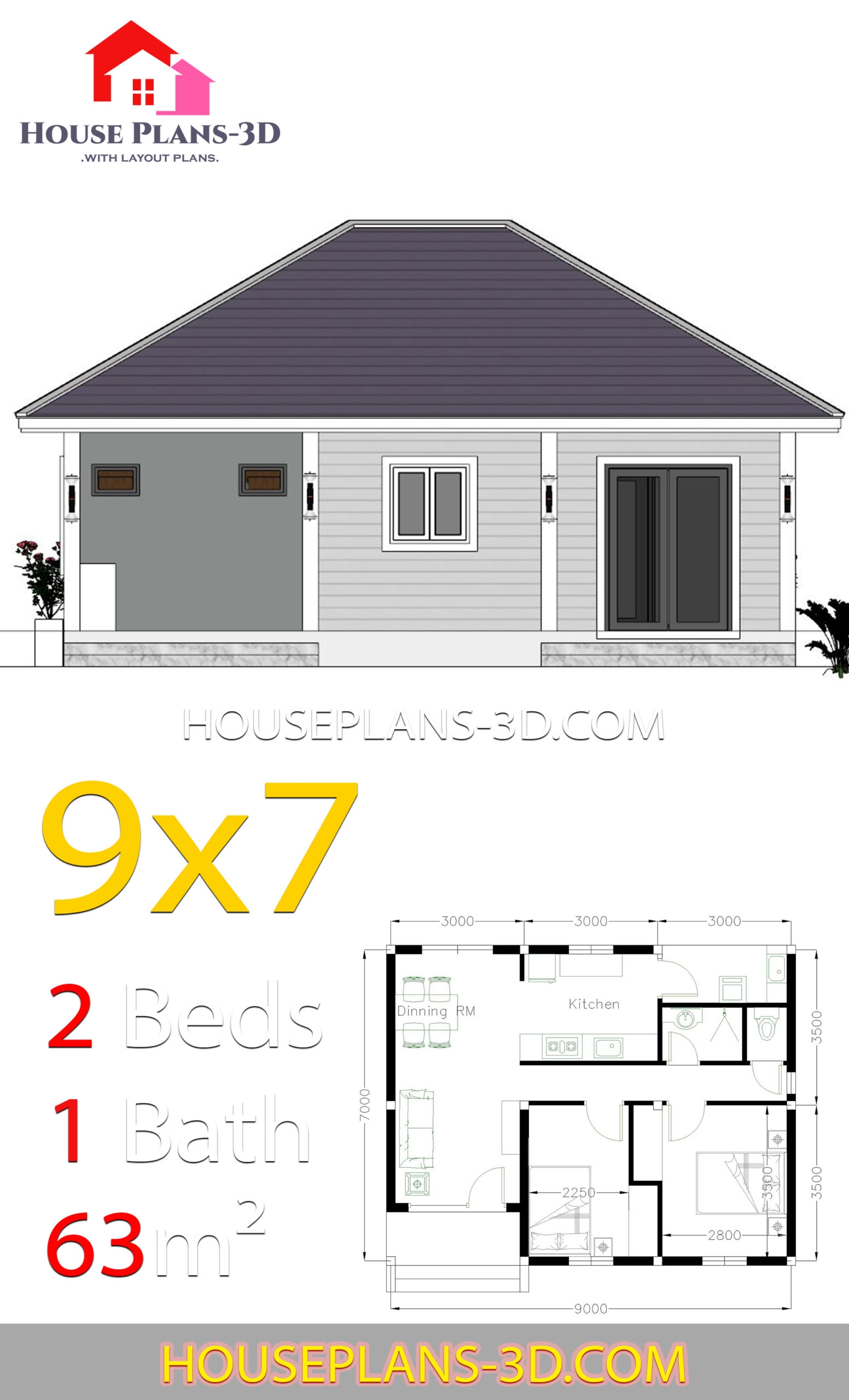 House Plans 9x7 With 2 Bedrooms Hip Roof House Plans 3D House Plans 9x7 With 2 Bedrooms Hip Roof House Plans 3D