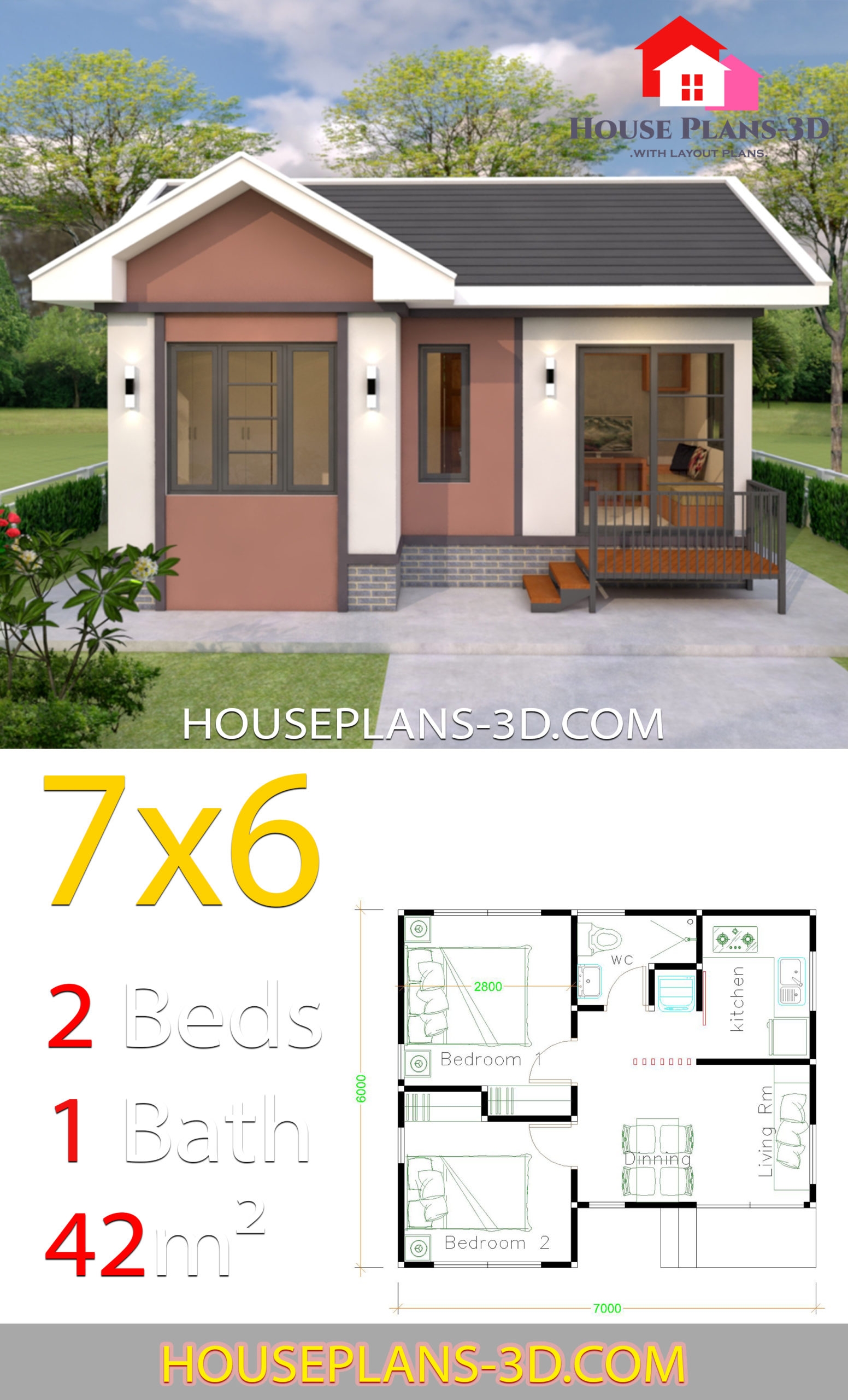 House Plans Design 7x6 With 2 Bedrooms Gable Roof House Plans 3D House Plans Design 7x6 With 2 Bedrooms Gable Roof House Plans 3D
