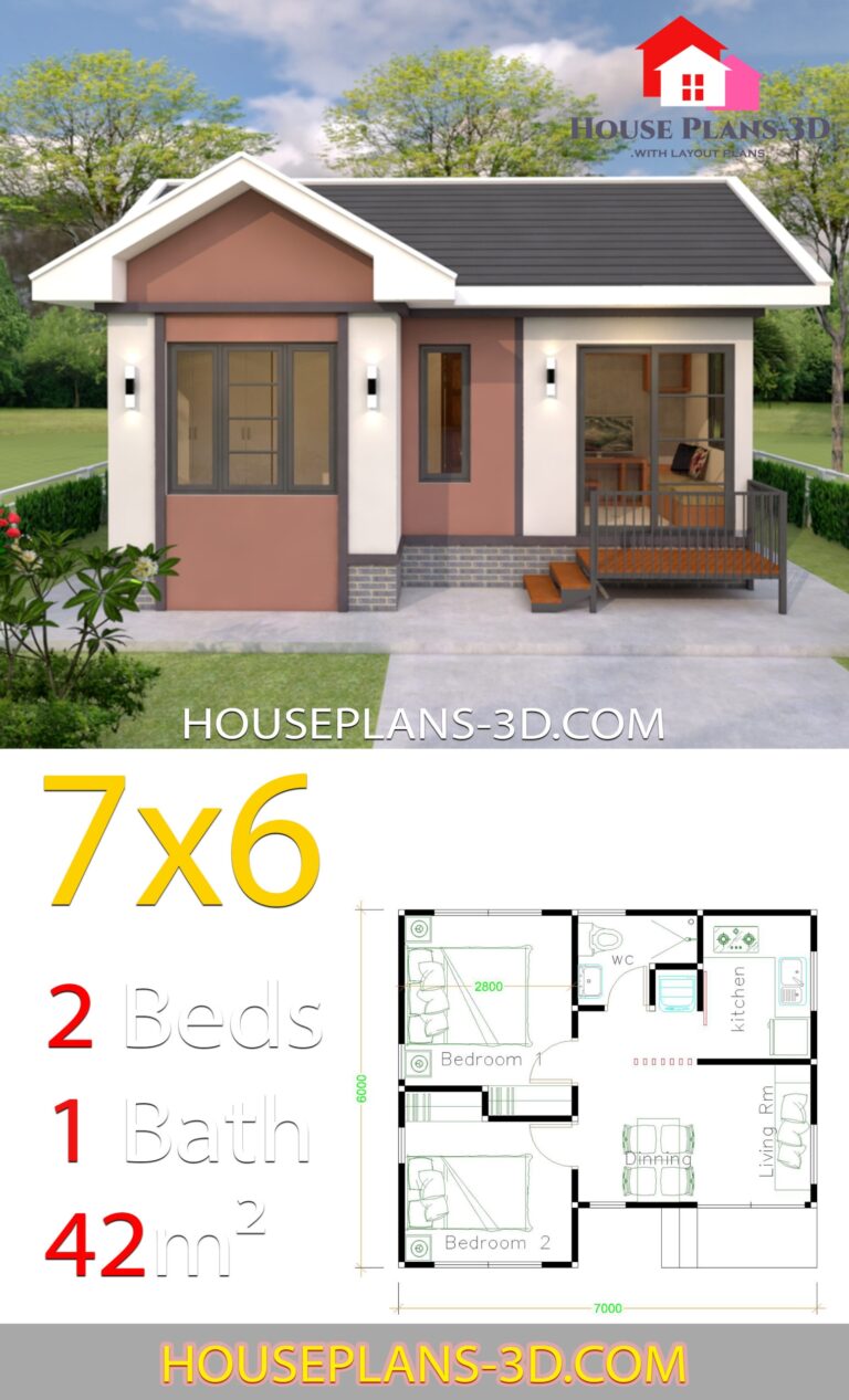 House Plans Design 7x6 With 2 Bedrooms Gable Roof House Plans 3D