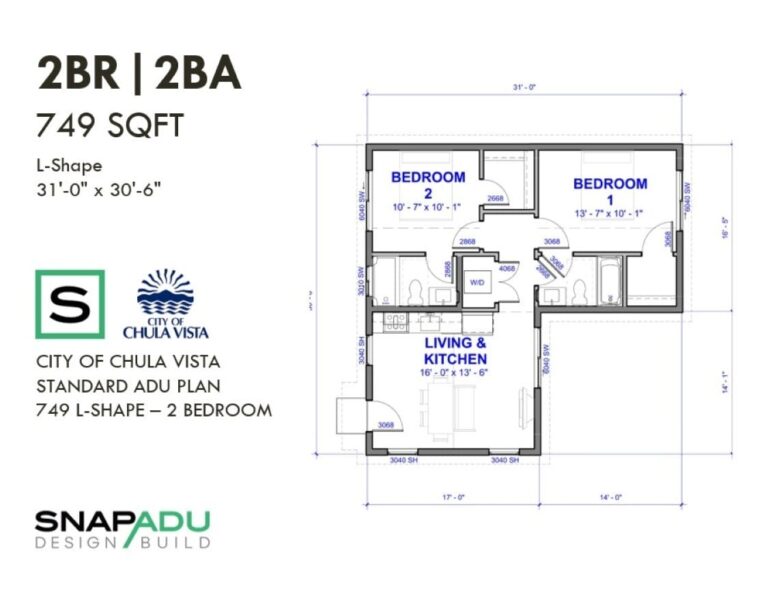 L Shaped ADU Floorplan 2 Bedroom Plan Under 750 Sqft