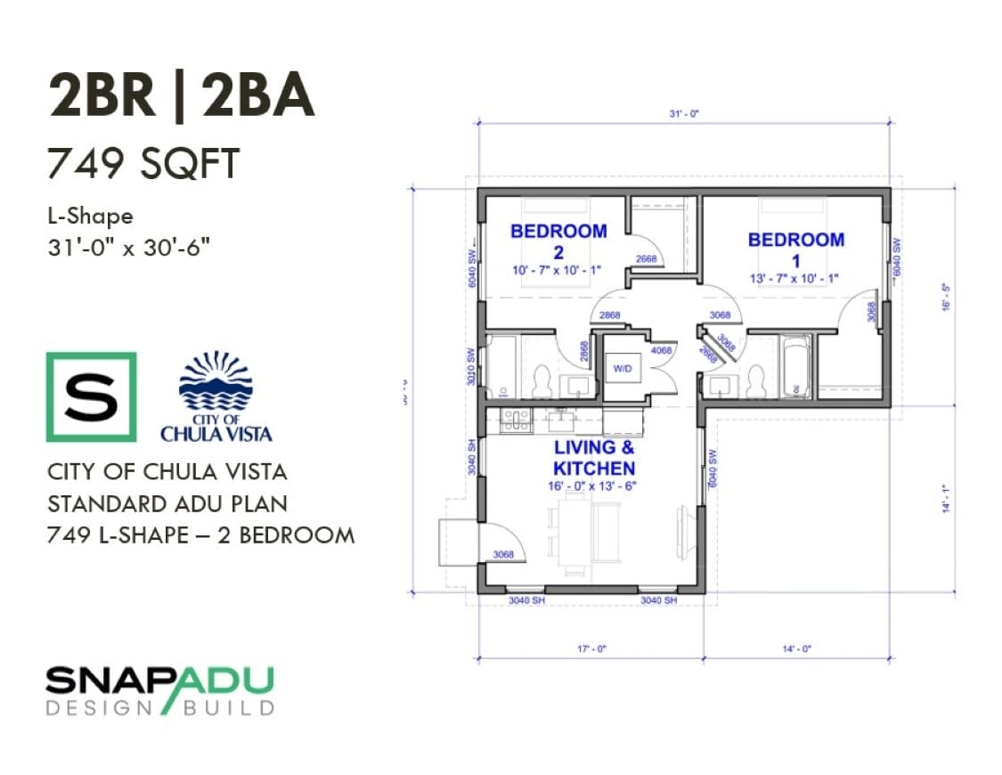 L Shaped ADU Floorplan 2 Bedroom Plan Under 750 Sqft