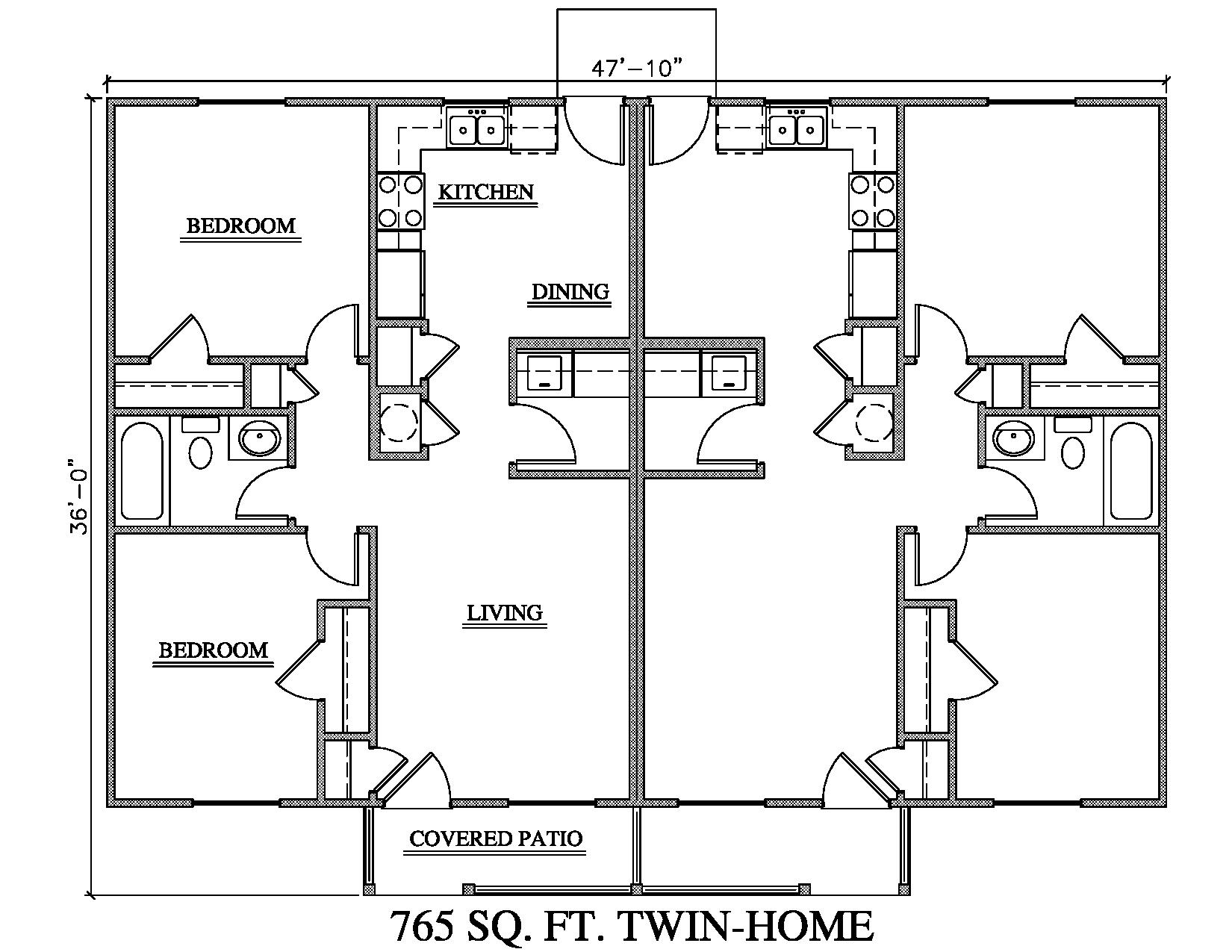 Low Cost House Plans 765 Sq Ft 2 Bedroom U0026 1 Bath Duplex 