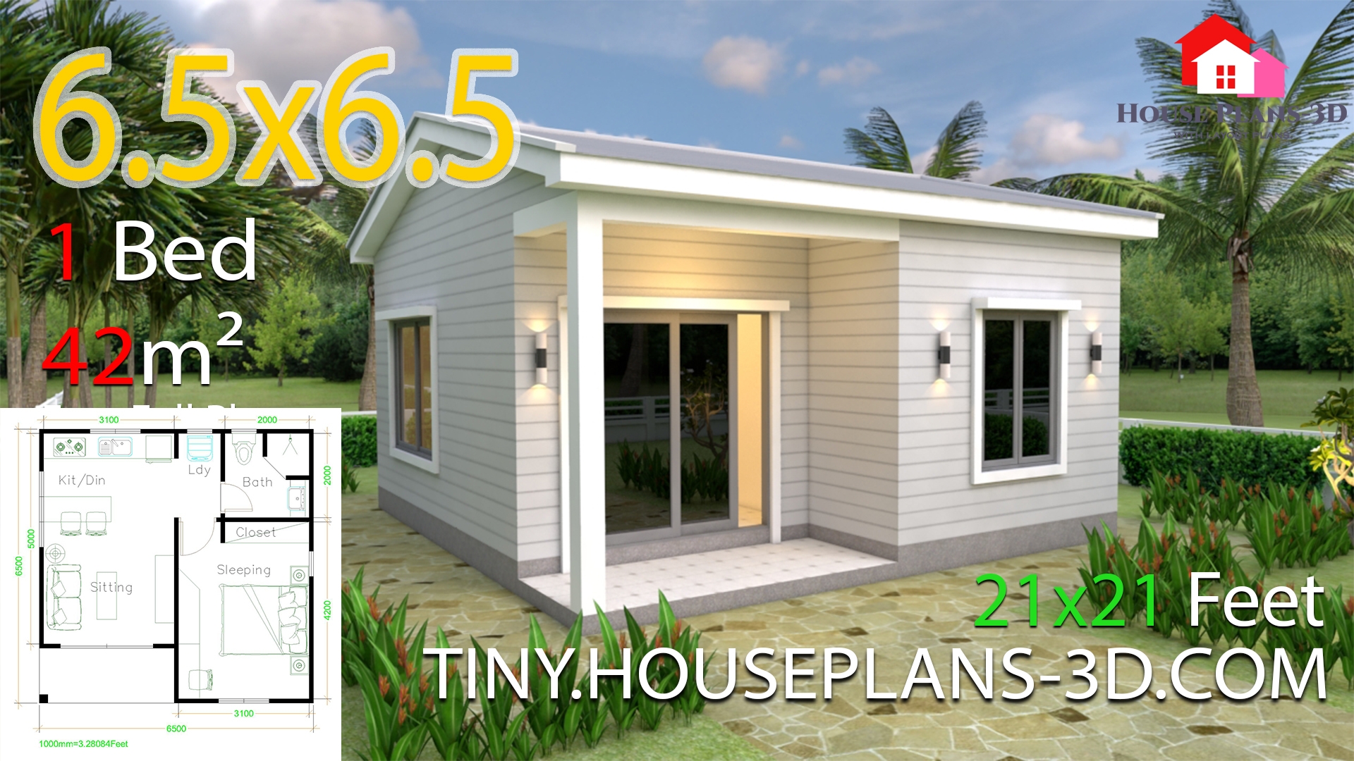 One Bedroom House Plans 21 21 Feet 6 5 6 5m Tiny House Plans