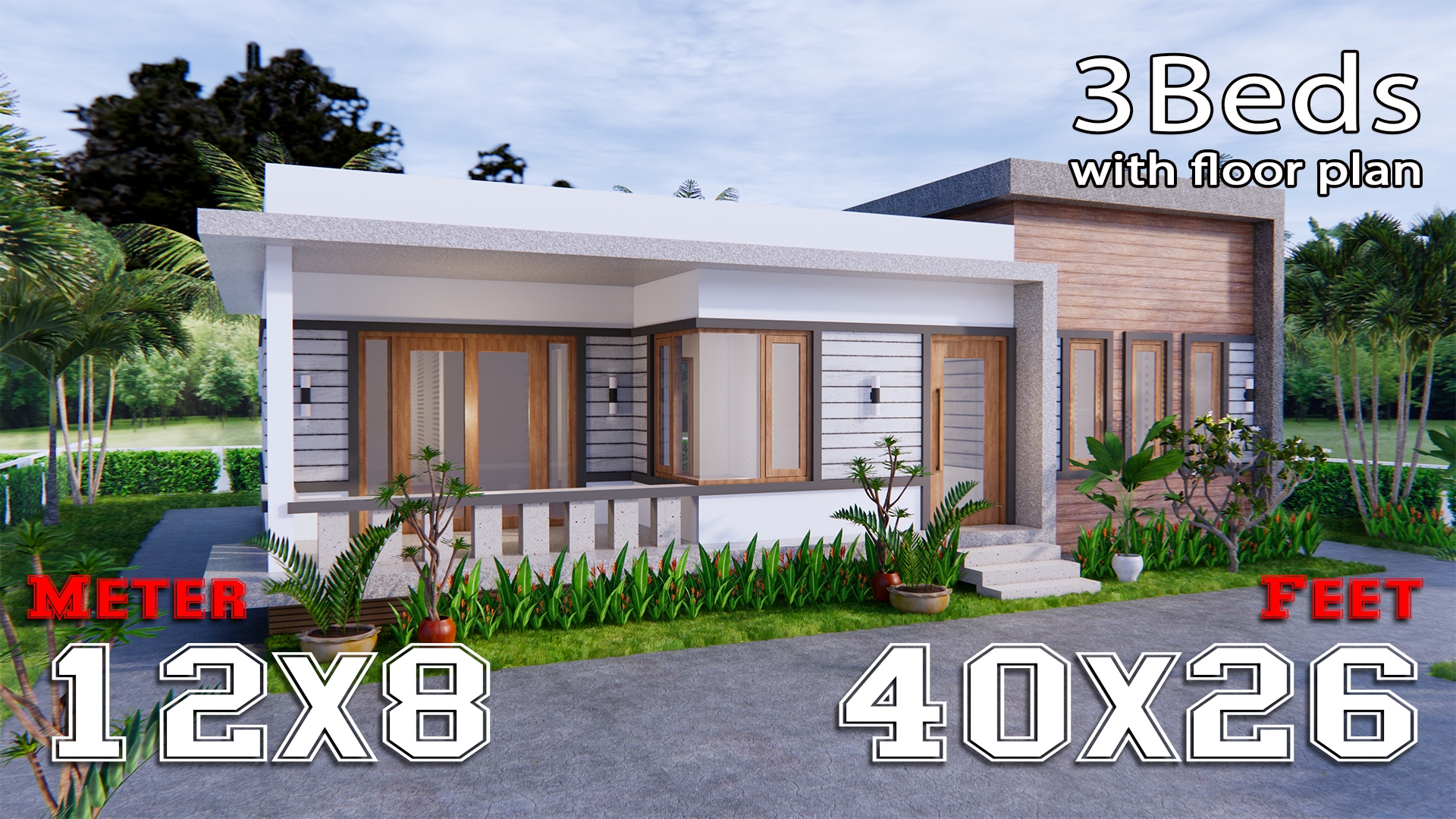 One Level House Plans 12x12 Meters 40x40 Feet House Design 3D