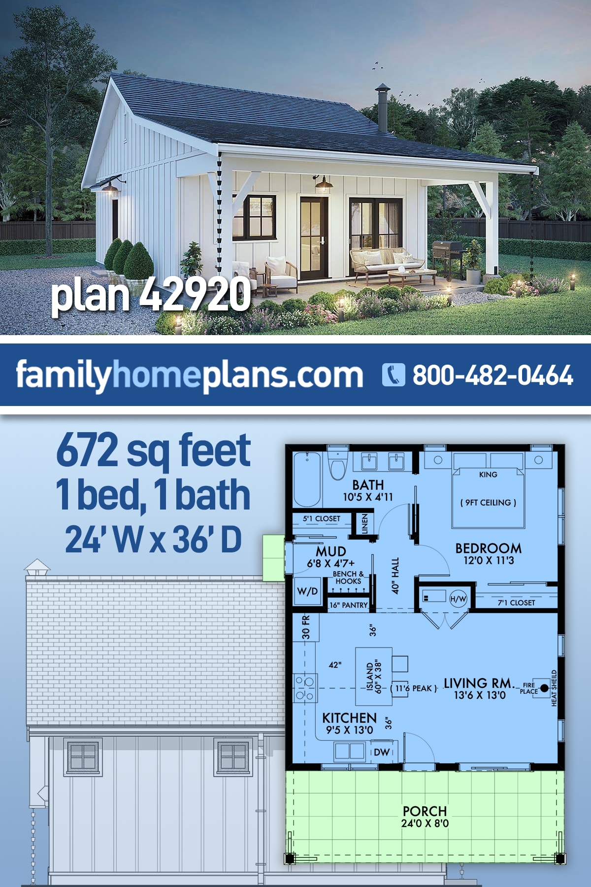 Plan 42920 Small Country Cottage Home Plan 42920 With 672 Square Feet 1 Bedroom And 1 Bathroom