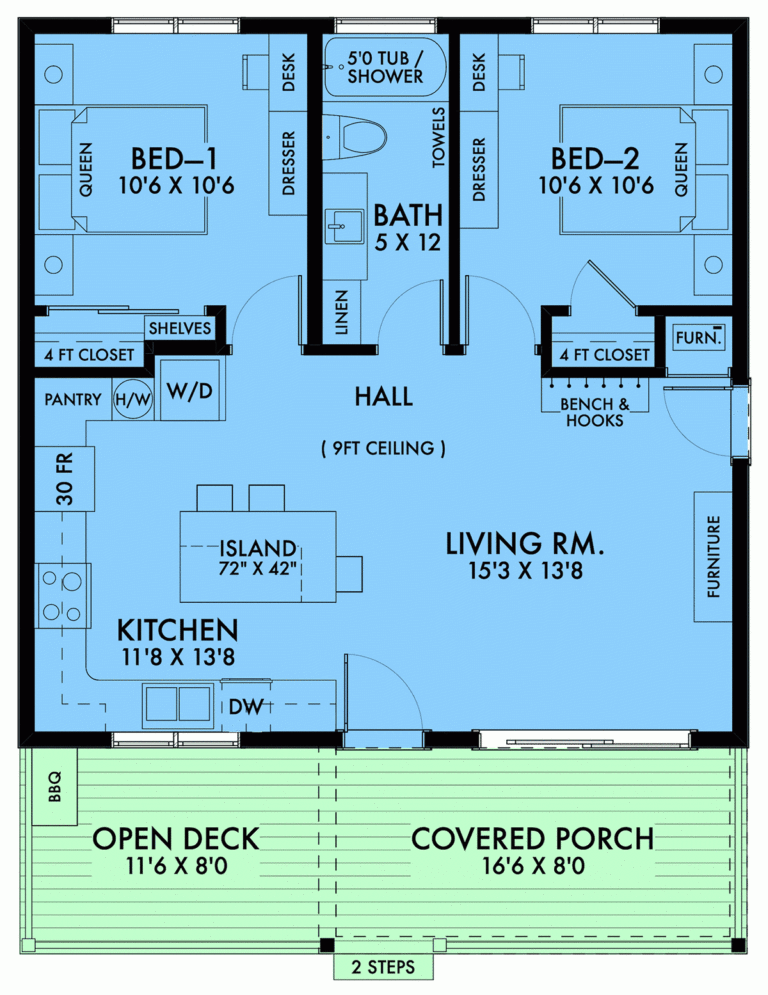 Plan 42924 784 SF American Farmhouse Bungalow Plan With 2 Queen