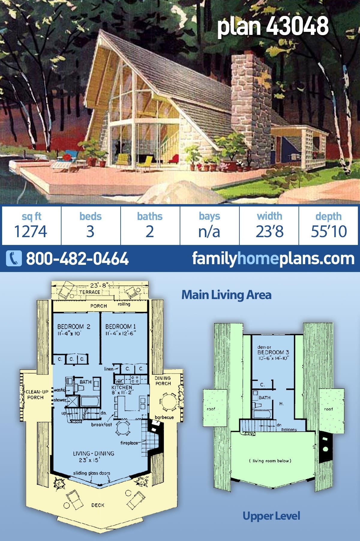 Plan 43048 A Frame Style With 3 Bed 2 Bath