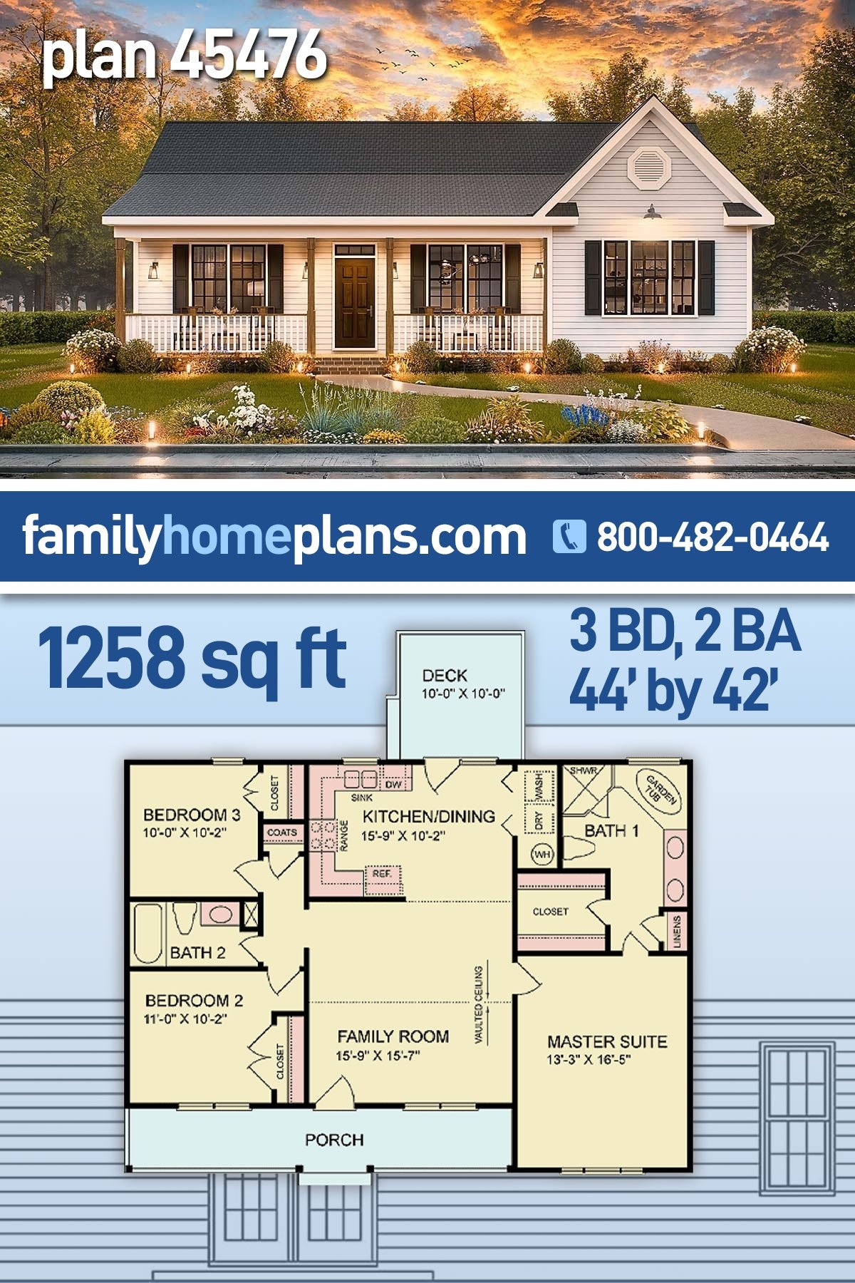 Plan 45476 Small 3 Bedroom Home Plan Under 1300 Sq Ft Affor Plan 45476 Small 3 Bedroom Home Plan Under 1300 Sq Ft Affor