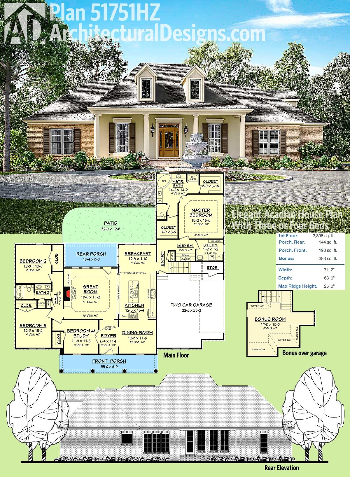 Plan 51751HZ Elegant Acadian House Plan With Three Or Four Beds