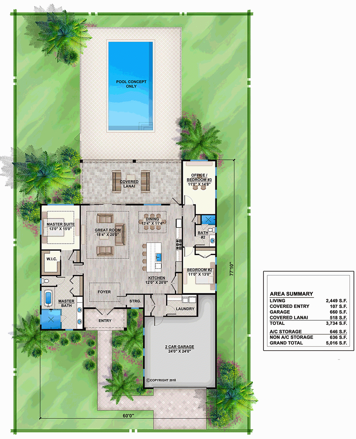 Plan 52948 Florida Style With 3 Bed 2 Bath 2 Car Garage
