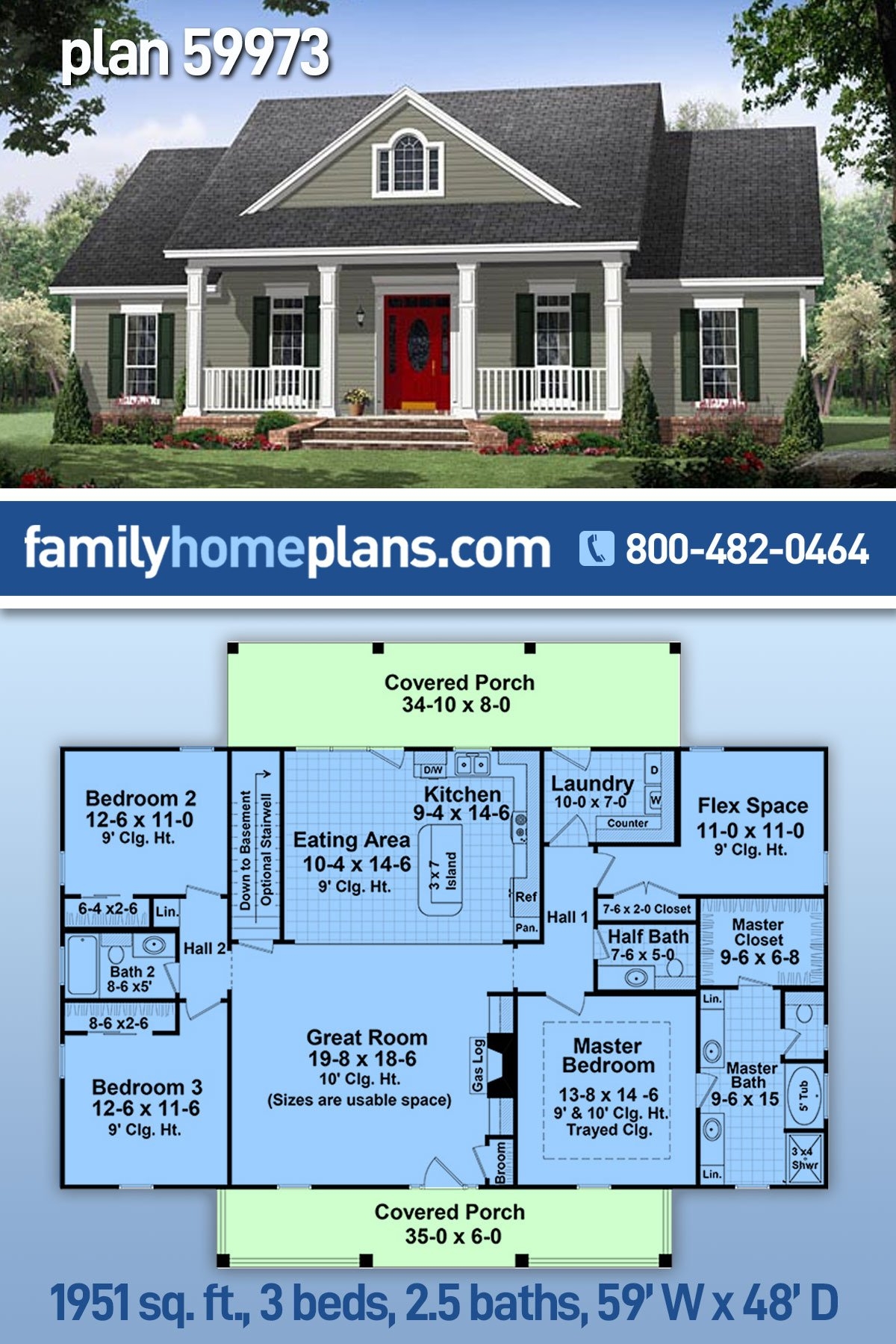 Plan 59973 Traditional Style With 3 Bed 3 Bath 2 Car Garage Plan 59973 Traditional Style With 3 Bed 3 Bath 2 Car Garage