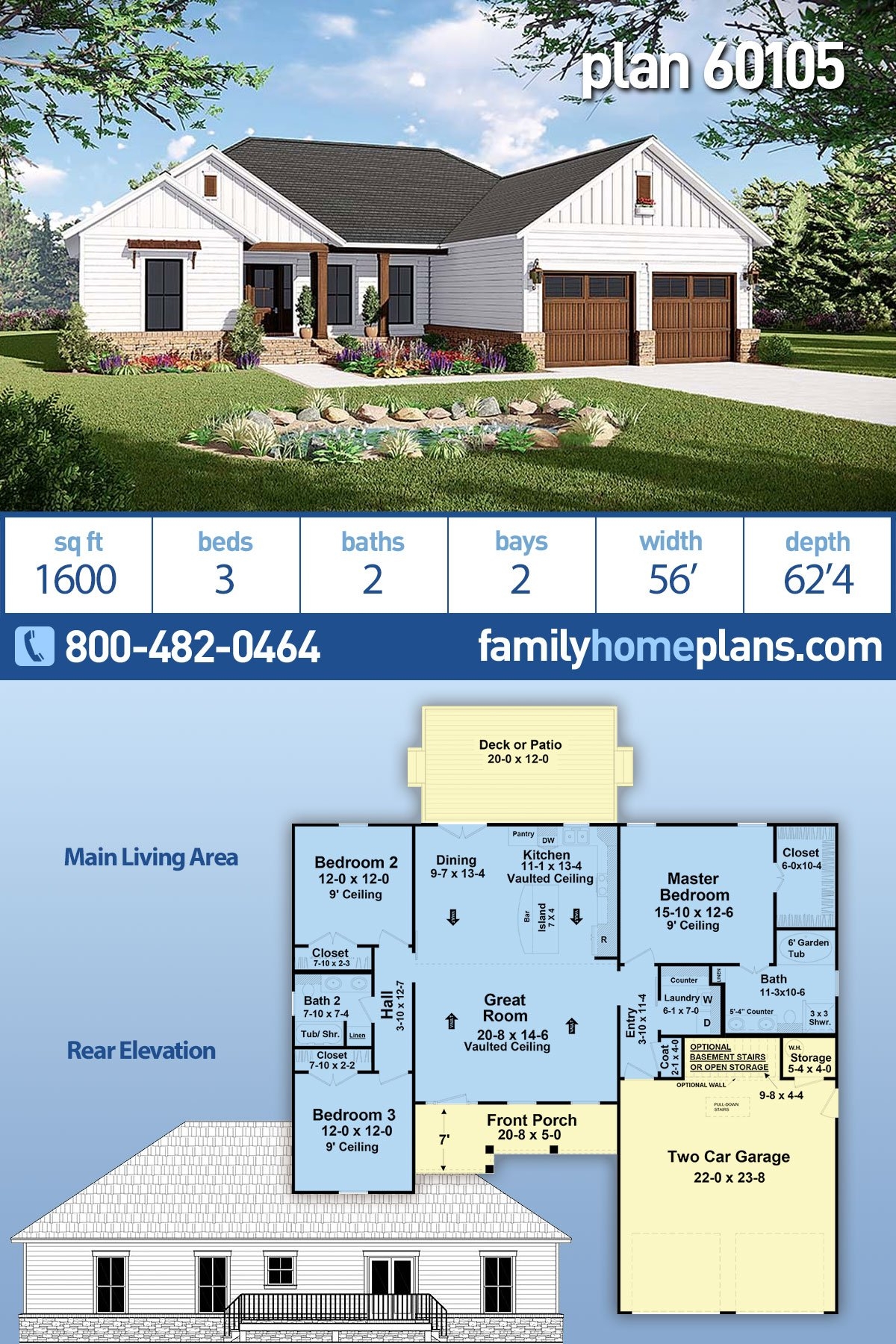 Plan 60105 3 Bed 2 Bath Traditional House Plan With 1600 Sq Ft
