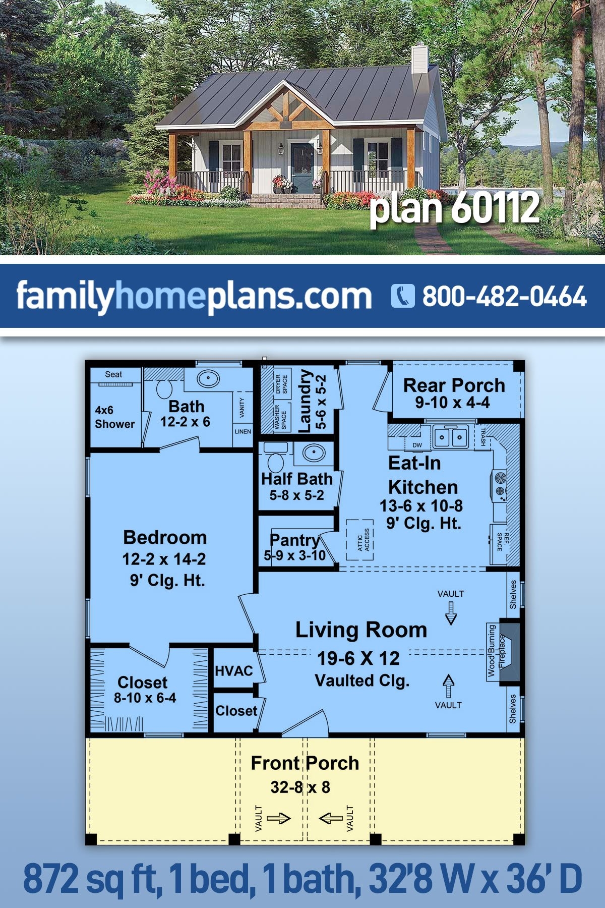 Plan 60112 Small Cabin Home Plan With 872 Sq Ft 1 Bed And 2 Ba