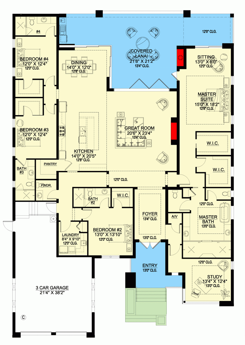 Plan 65755BS 4 Bed Mid century Modern House Plan With Rear Covered Lanai