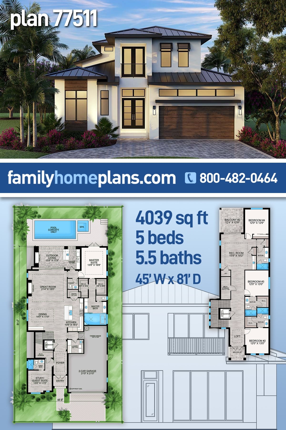Plan 77511 Narrow Lot Florida House Plan With 5 Bedrooms Plan 77511 Narrow Lot Florida House Plan With 5 Bedrooms