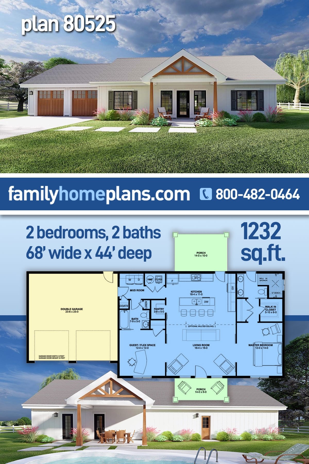 Plan 80525 Attractive Ranch Home Plan With 1232 Sq Ft 2 Beds Plan 80525 Attractive Ranch Home Plan With 1232 Sq Ft 2 Beds