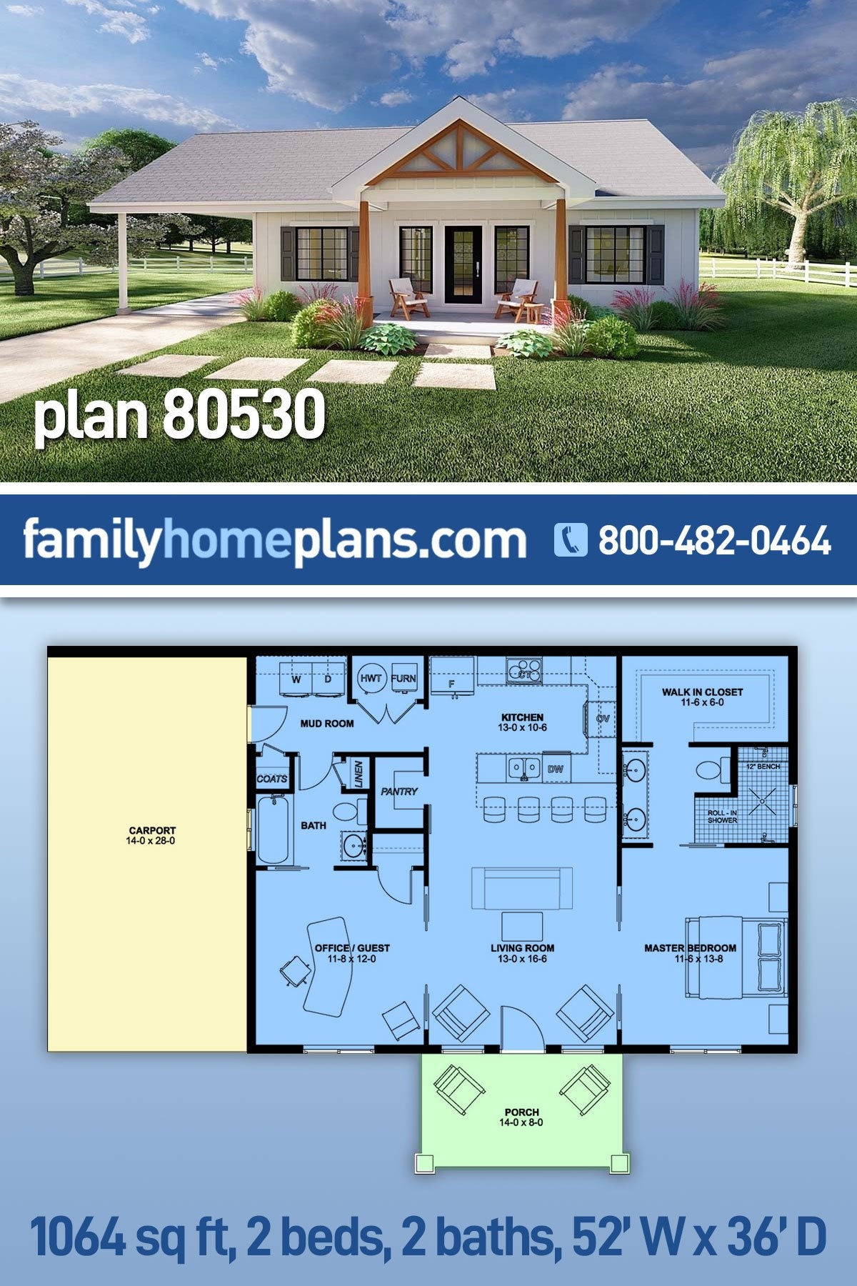 Plan 80530 Small Ranch Home Plan With Attached Carport