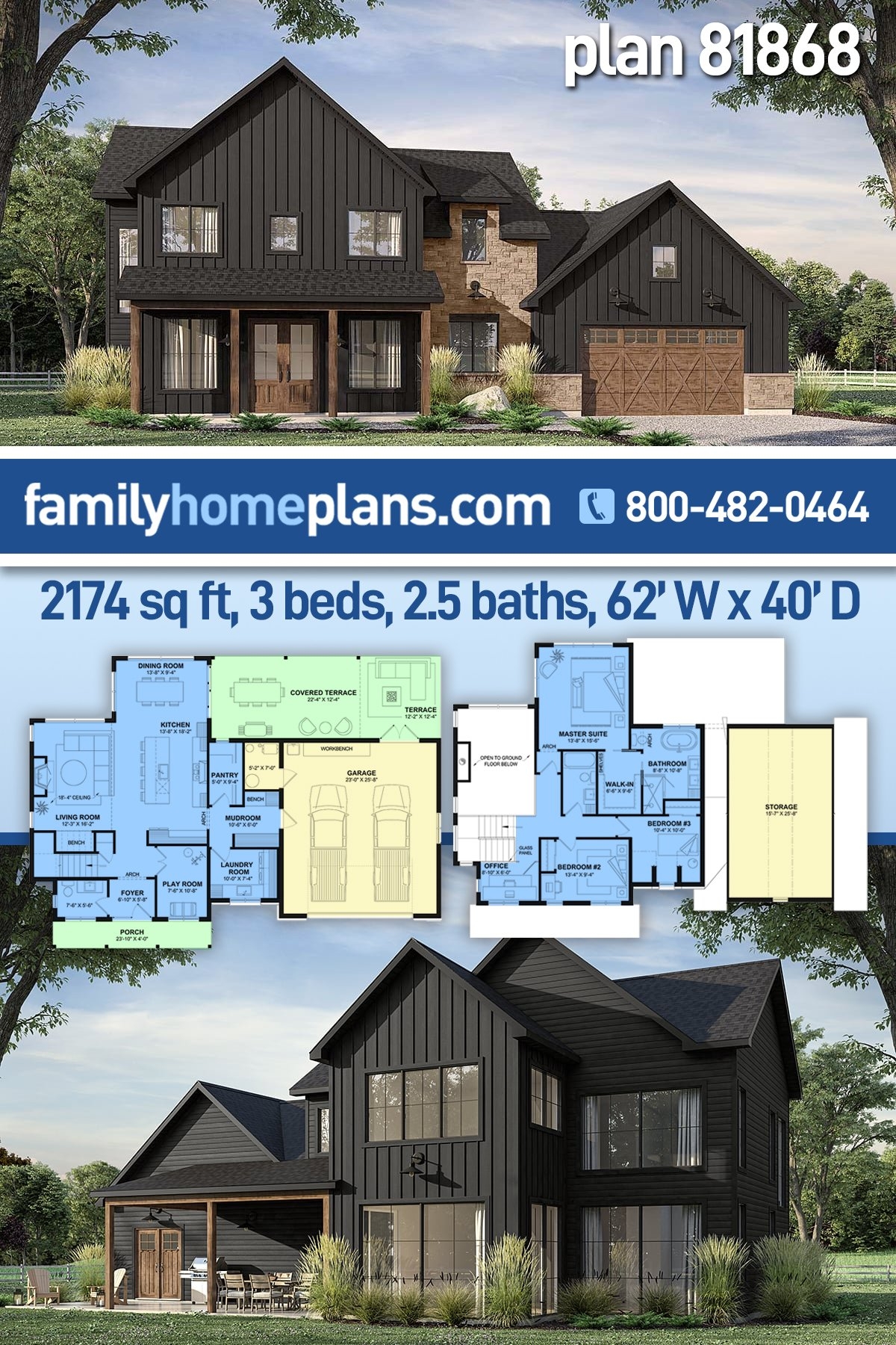 Plan 81868 Bright 3 Bedroom Home With Office And Playroom