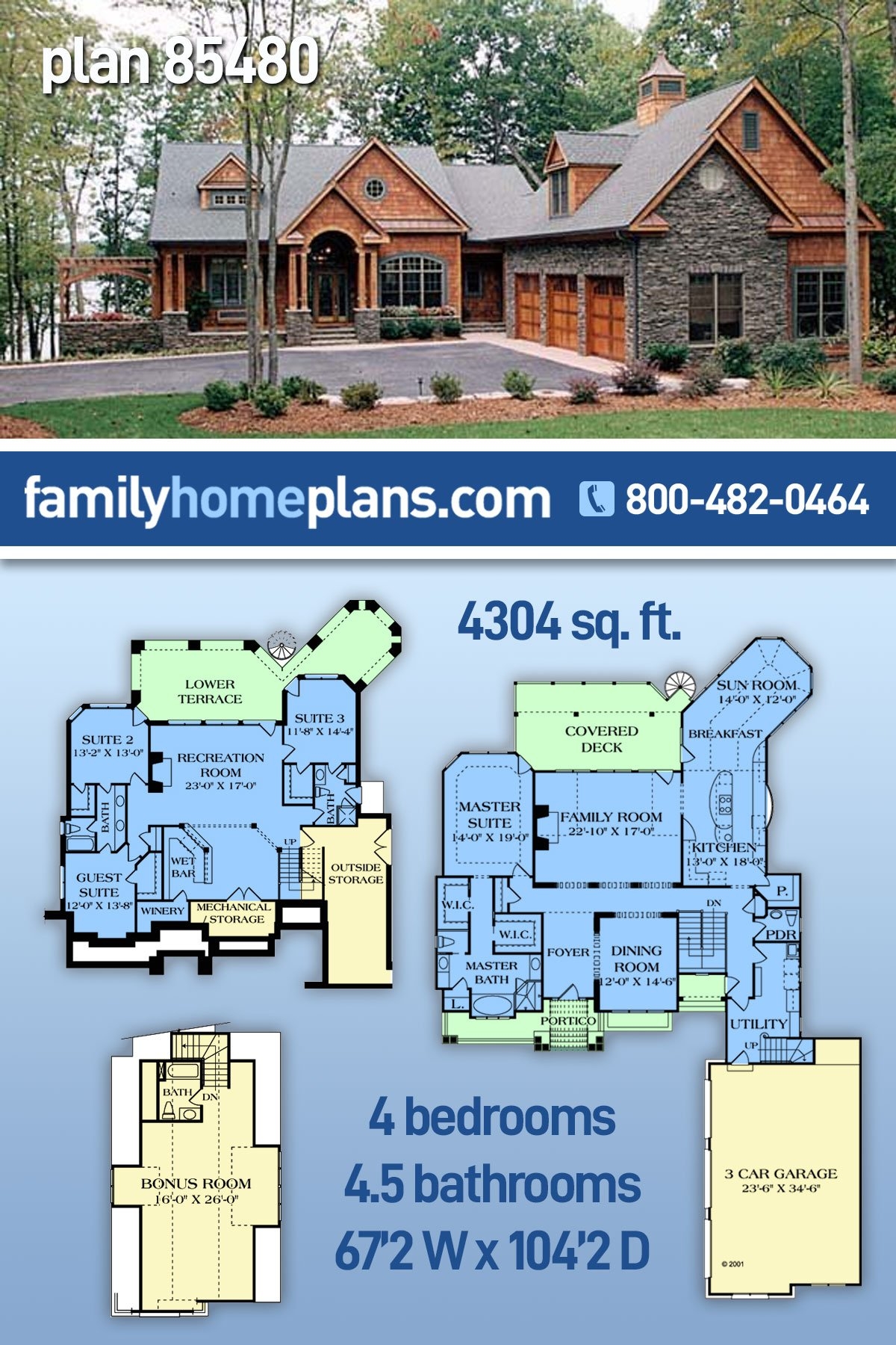 Plan 85480 4 Bedroom Craftsman Style Hillside House Plan With 4