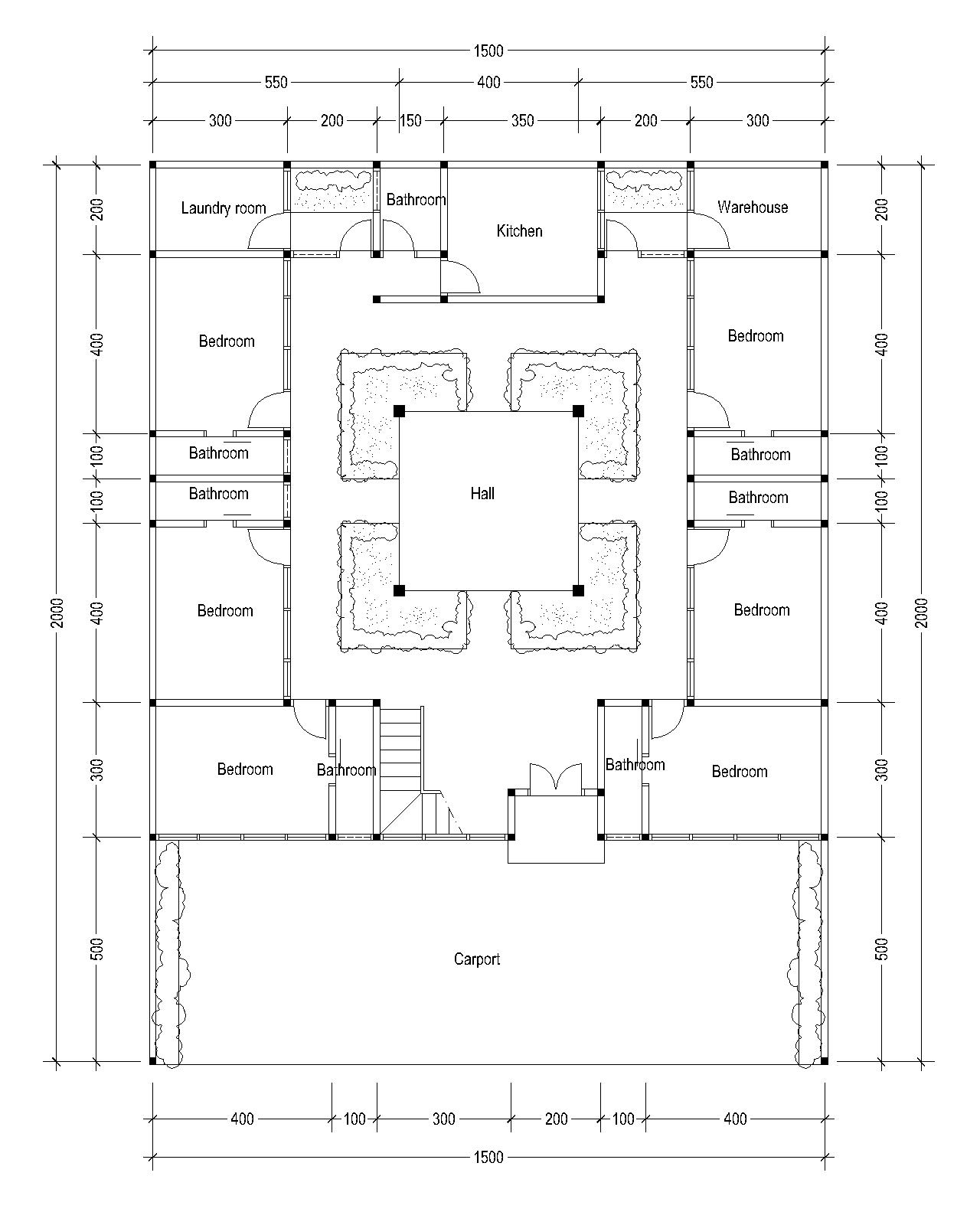 Plan A 12 bedroom Boarding House With A Hall Surrounded By A Small Garden