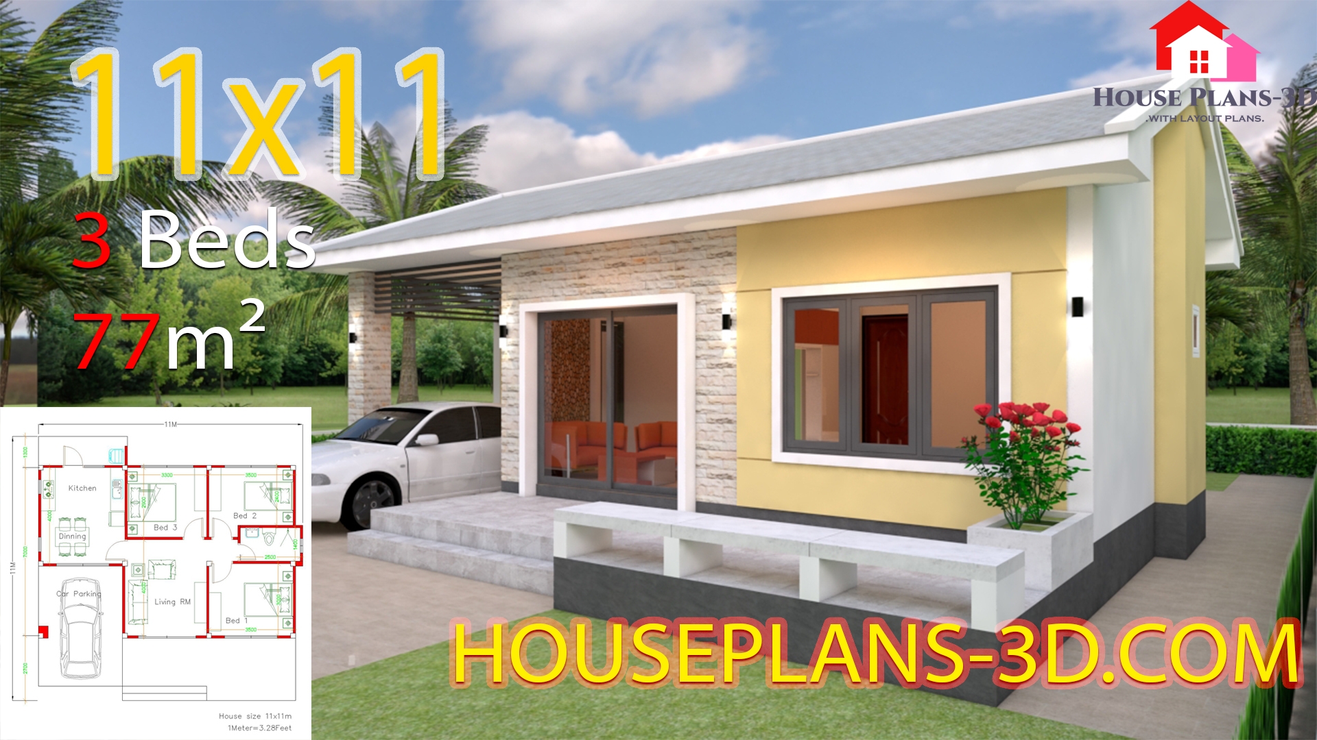 Simple House Design Plans 11x11 With 3 Bedrooms House Plans 3D