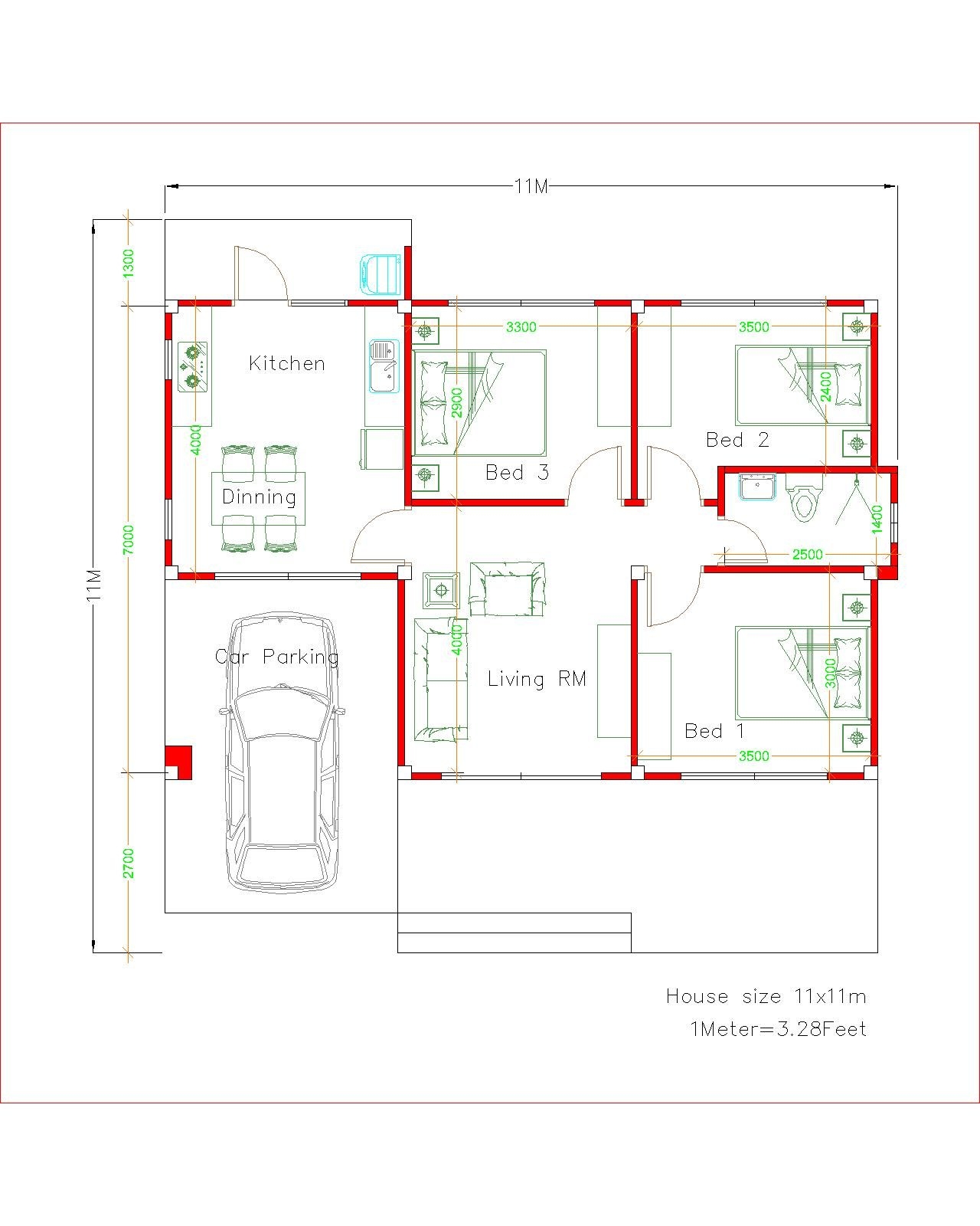 Simple House Design Plans 11x11 With 3 Bedrooms House Plans 3D