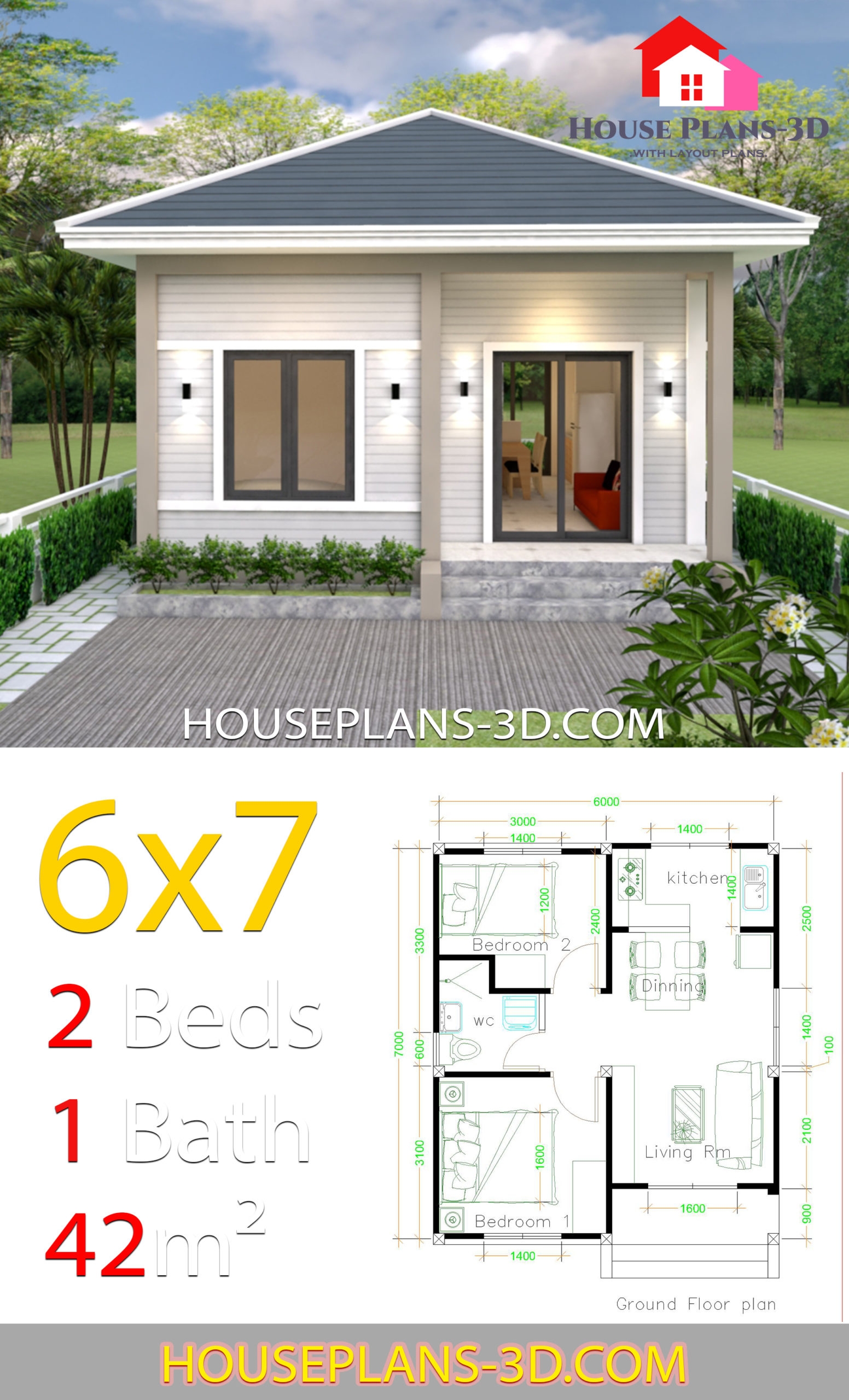 Simple House Plans 6x7 With 2 Bedrooms Hip Roof House Plans 3D