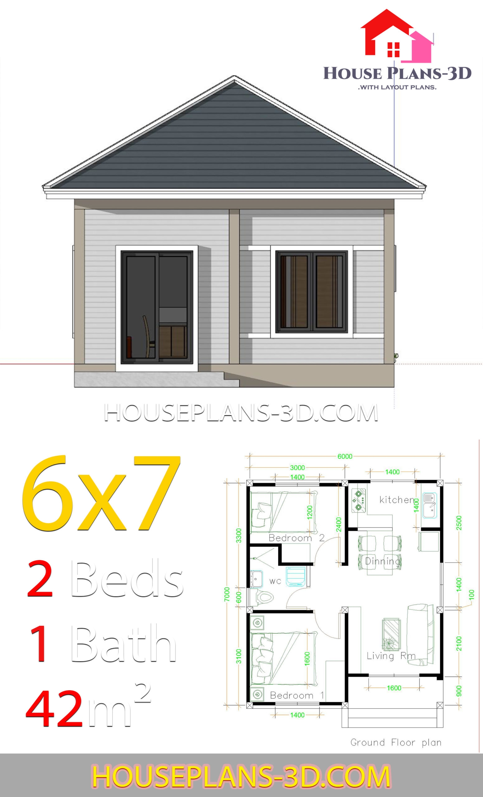Simple House Plans 6x7 With 2 Bedrooms Hip Roof House Plans 3D Simple House Plans 6x7 With 2 Bedrooms Hip Roof House Plans 3D