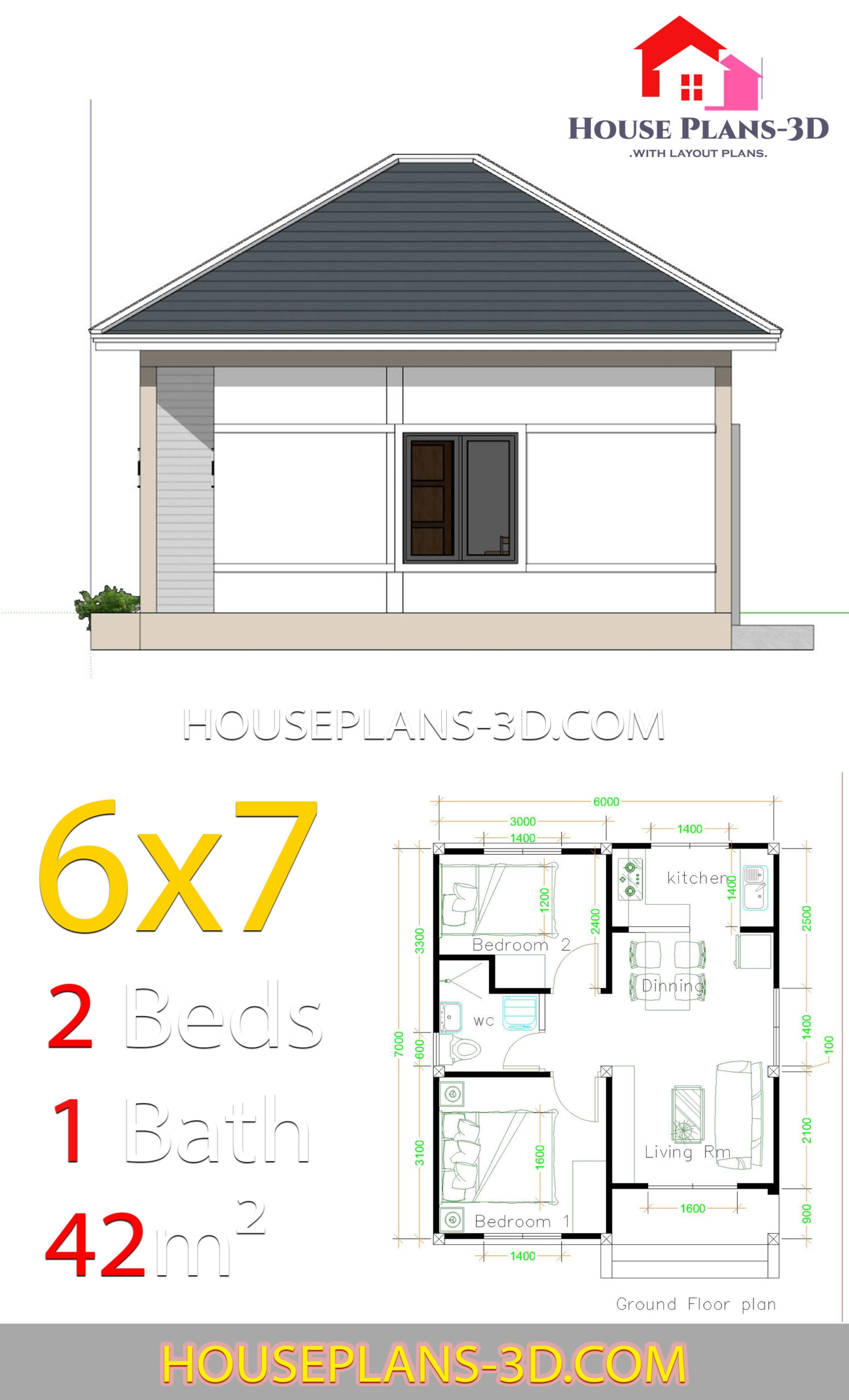 Simple House Plans 6x7 With 2 Bedrooms Hip Roof House Plans 3D Simple House Plans 6x7 With 2 Bedrooms Hip Roof House Plans 3D