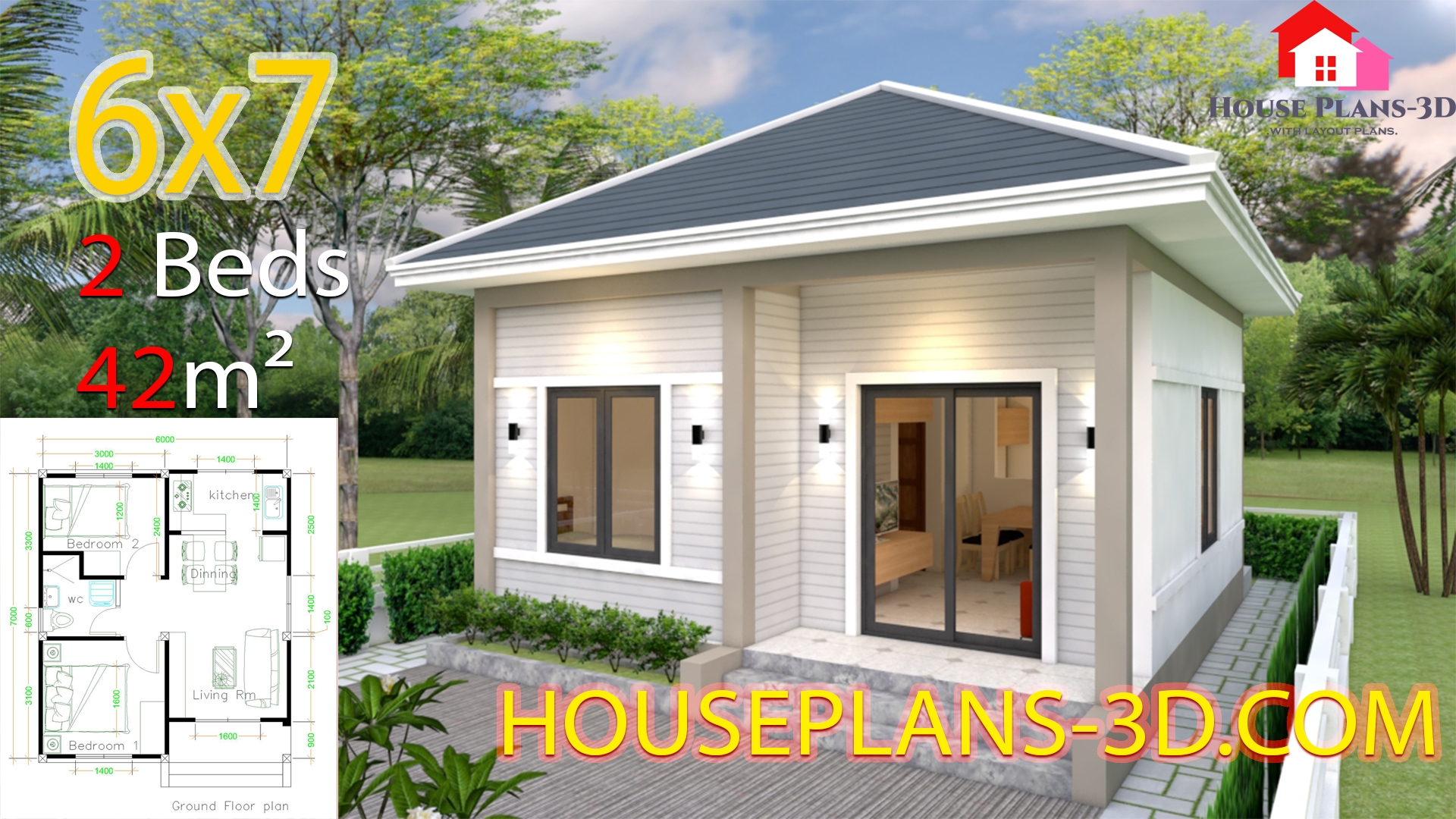 Simple House Plans 6x7 With 2 Bedrooms Hip Roof House Plans 3D