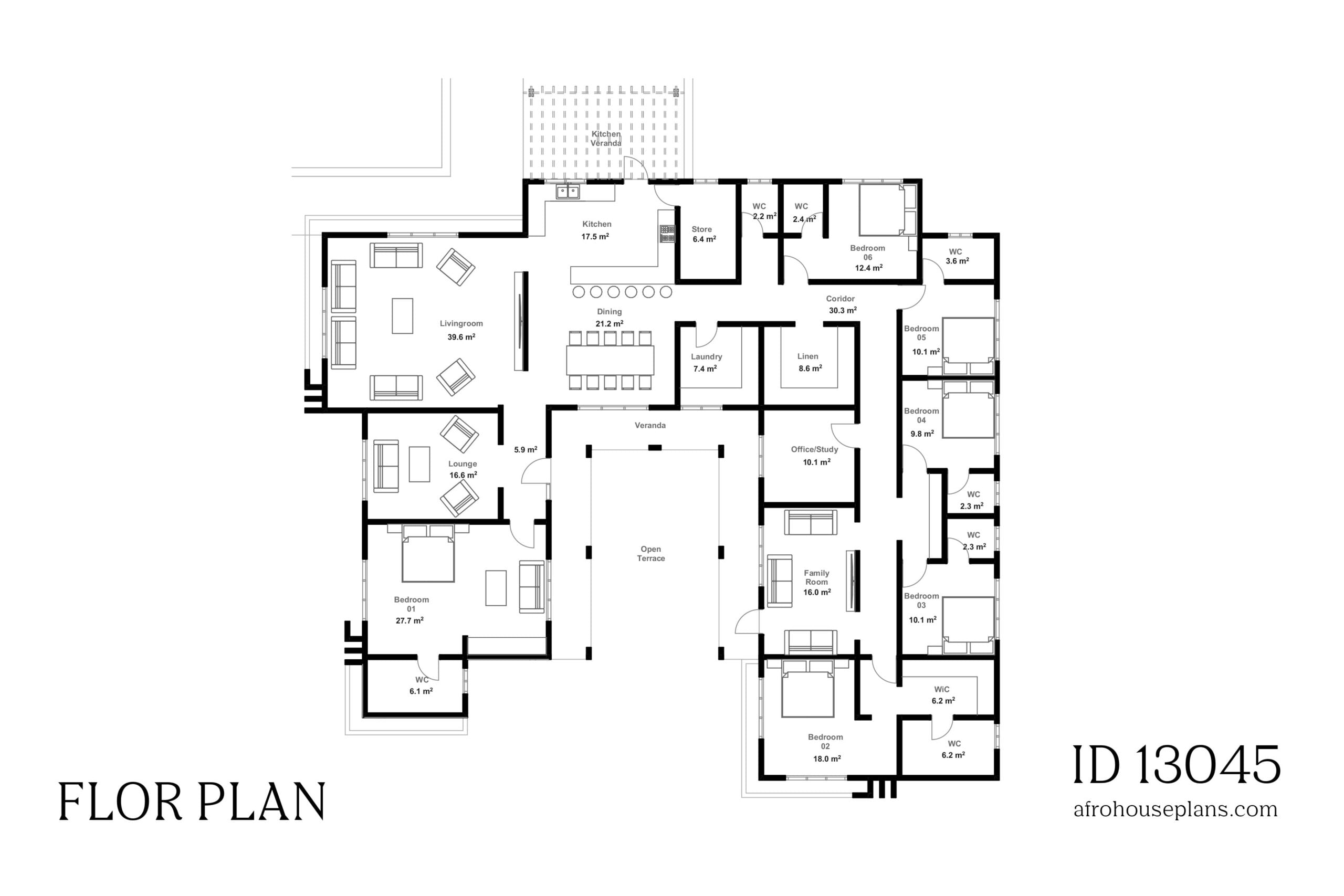 Single Story 6 Bedroom House Floor Plans 13045 AfrohousePlans