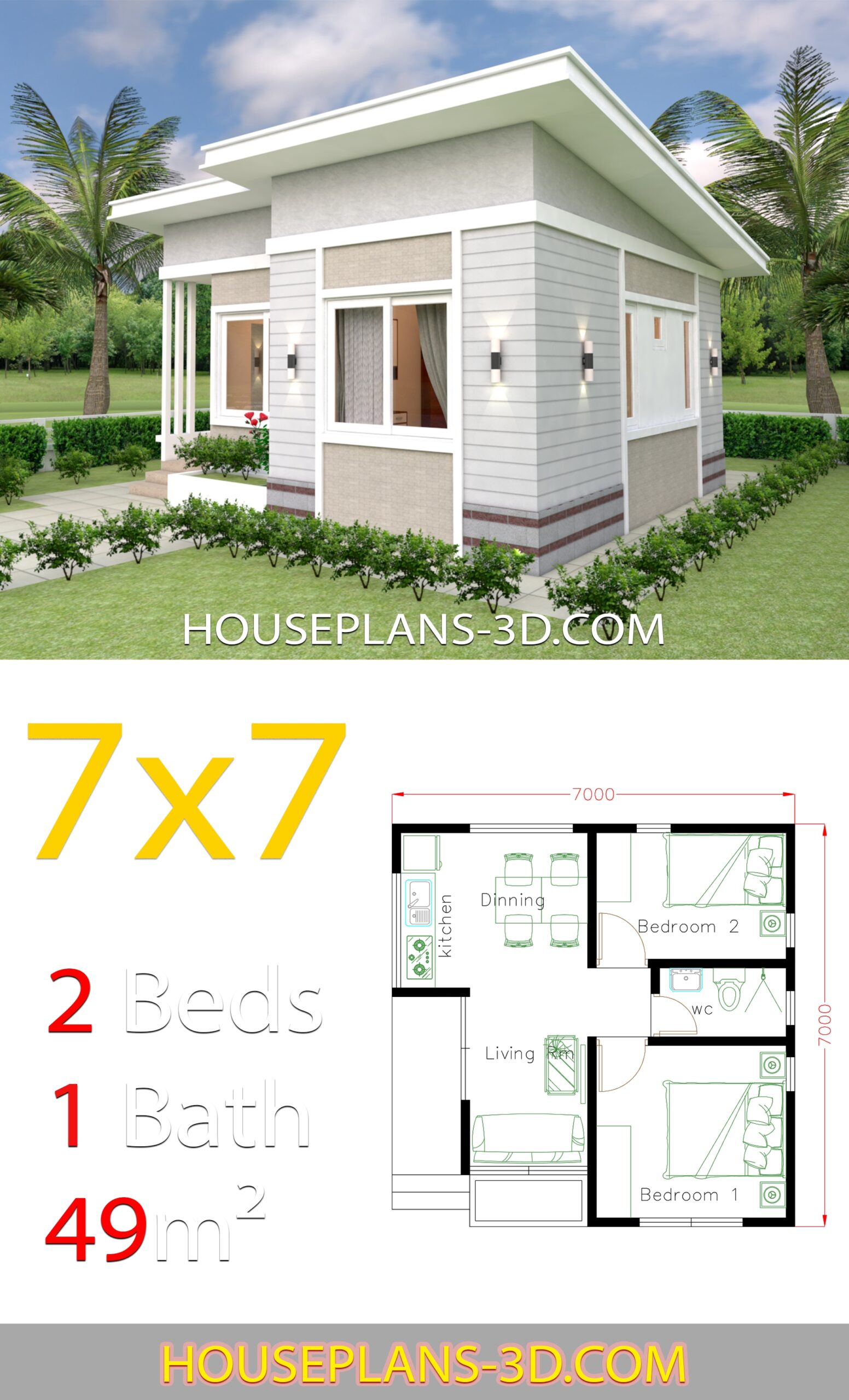 Small House Design 7x7 With 2 Bedrooms House Plans 3D Small House Design 7x7 With 2 Bedrooms House Plans 3D
