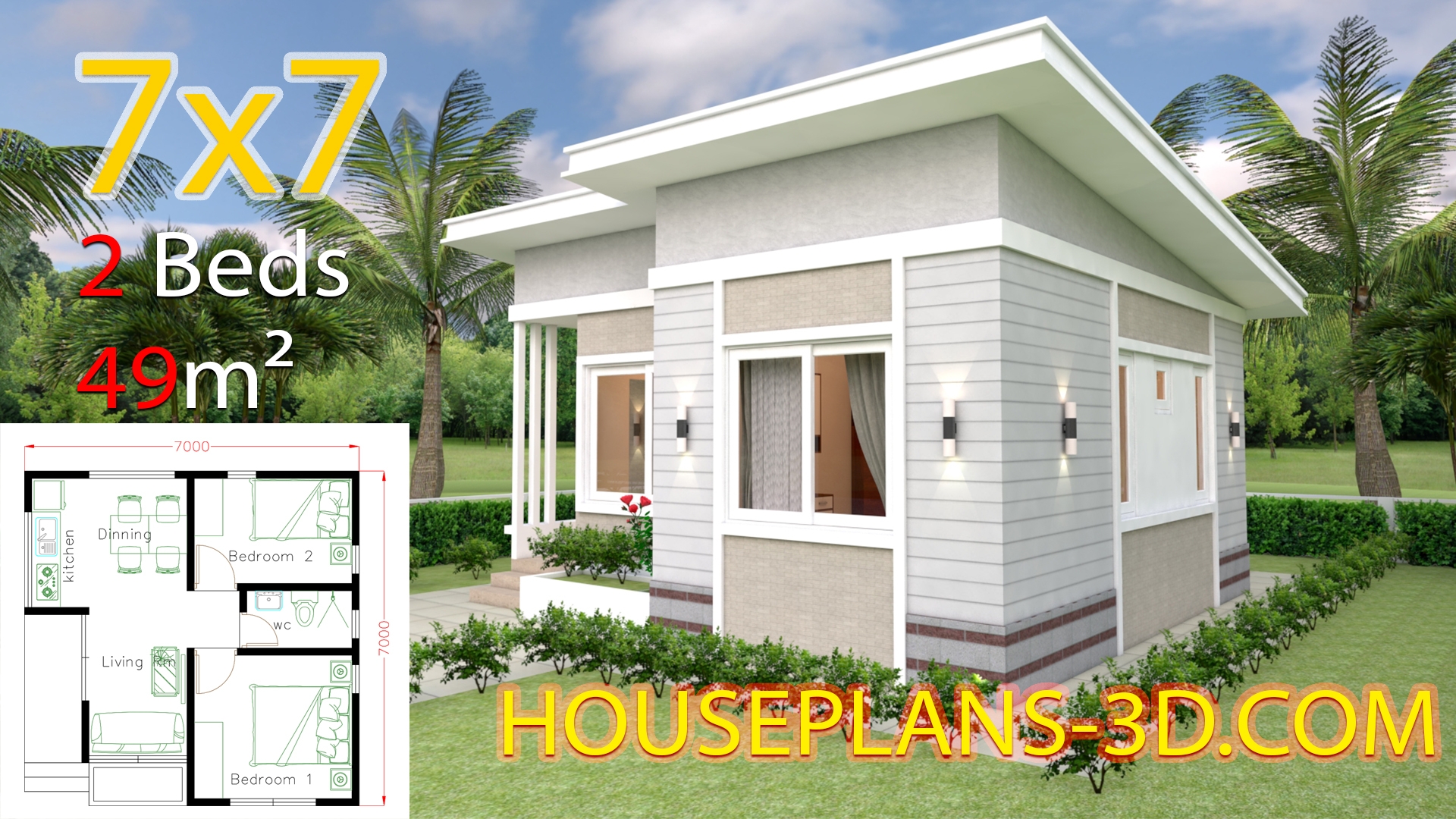 Small House Design 7x7 With 2 Bedrooms House Plans 3D Small House Design 7x7 With 2 Bedrooms House Plans 3D