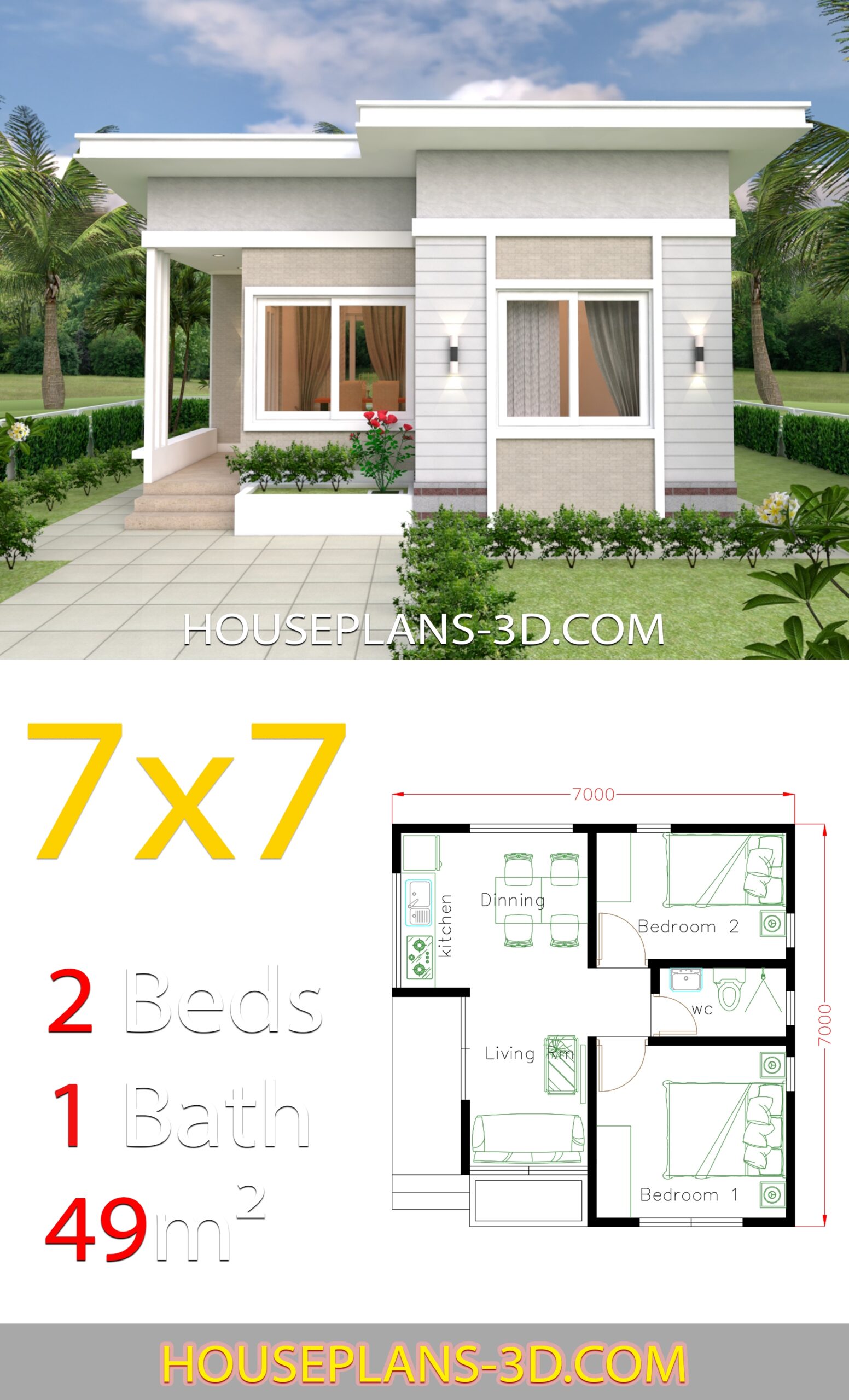 Small House Design 7x7 With 2 Bedrooms House Plans 3D