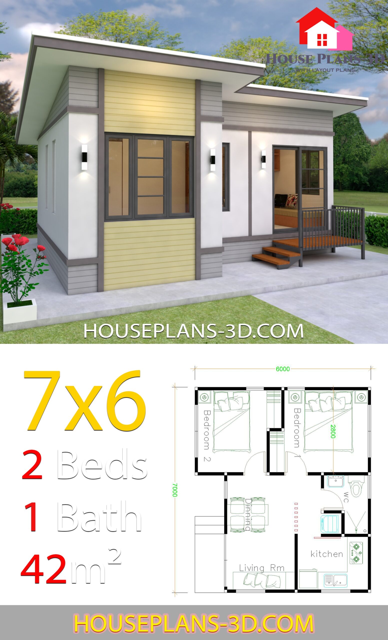Small House Plans 7x6 With 2 Bedrooms House Plans 3D
