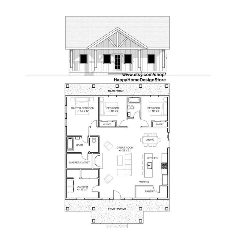 Spacious Cottage 3 Bed 2 Bath 40 x40 Custom House Plans And Blueprints Elevations Roof Plan Foundation Etsy