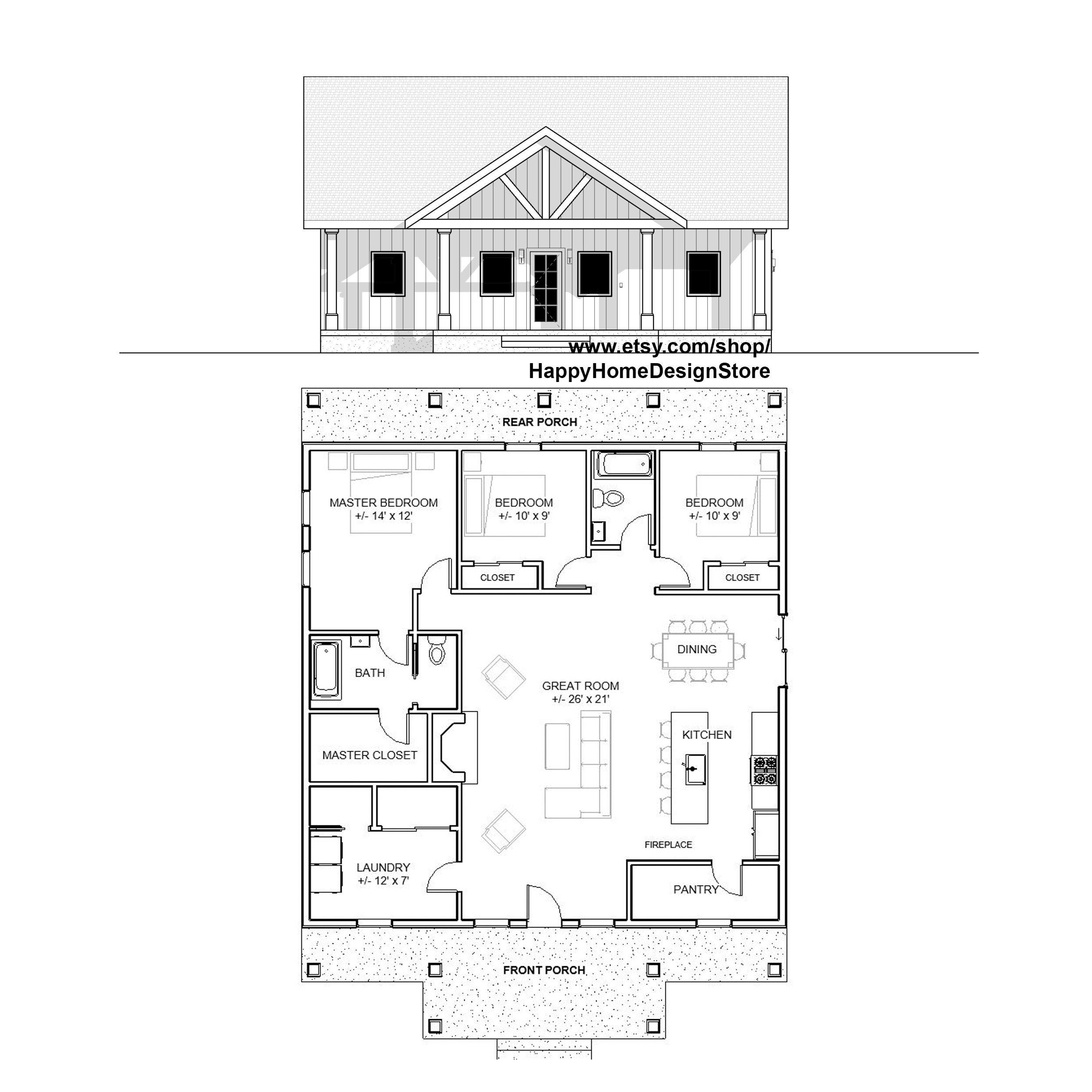 Spacious Cottage 3 Bed 2 Bath 40 x40 Custom House Plans And Blueprints Elevations Roof Plan Foundation Etsy