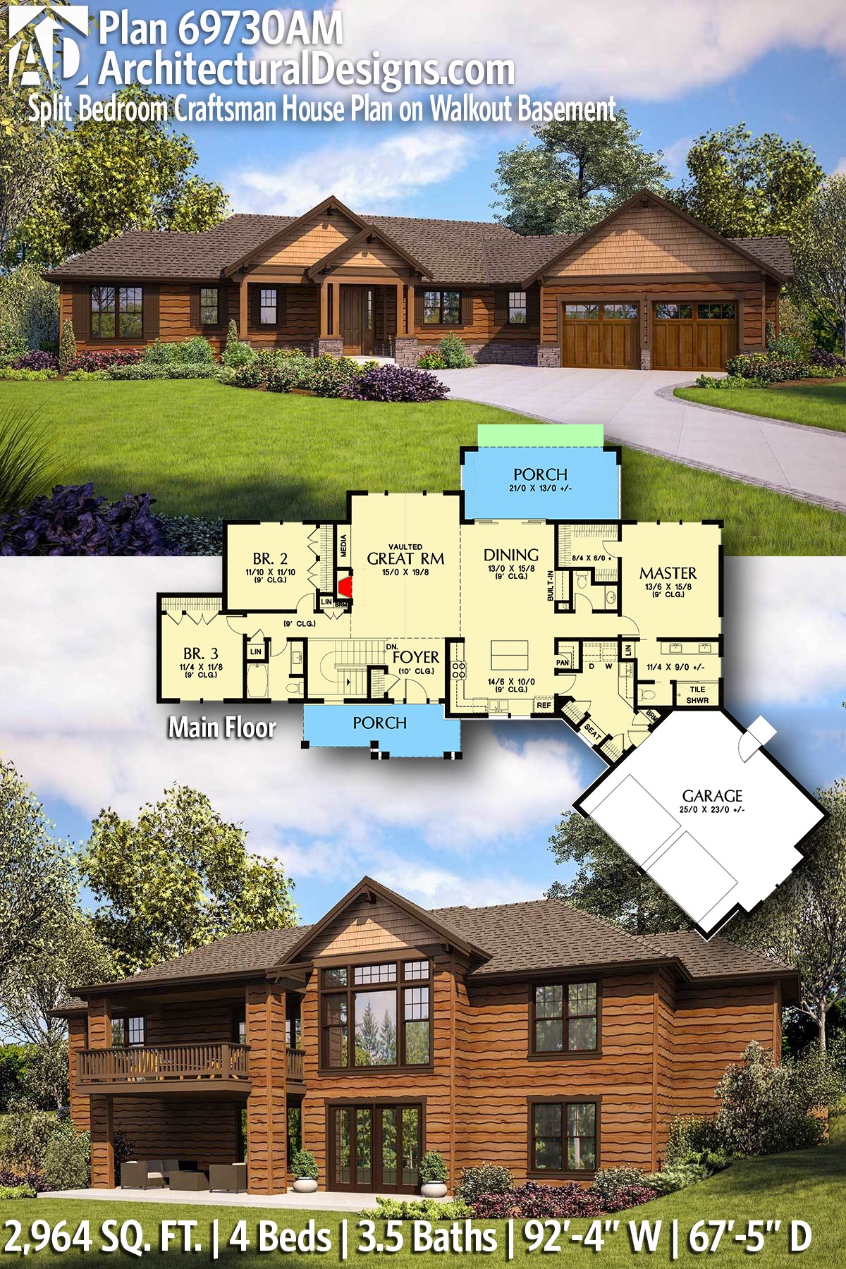 Split Bedroom Craftsman House Plan On Walkout Basement 69730AM Architectural Designs House Plans Split Bedroom Craftsman House Plan On Walkout Basement 69730AM Architectural Designs House Plans