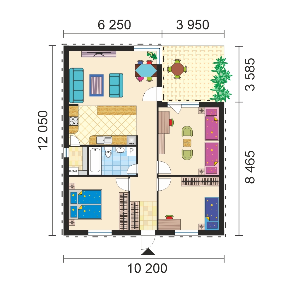 Three bedroom L shaped Ground Floor House Ceramic Houses