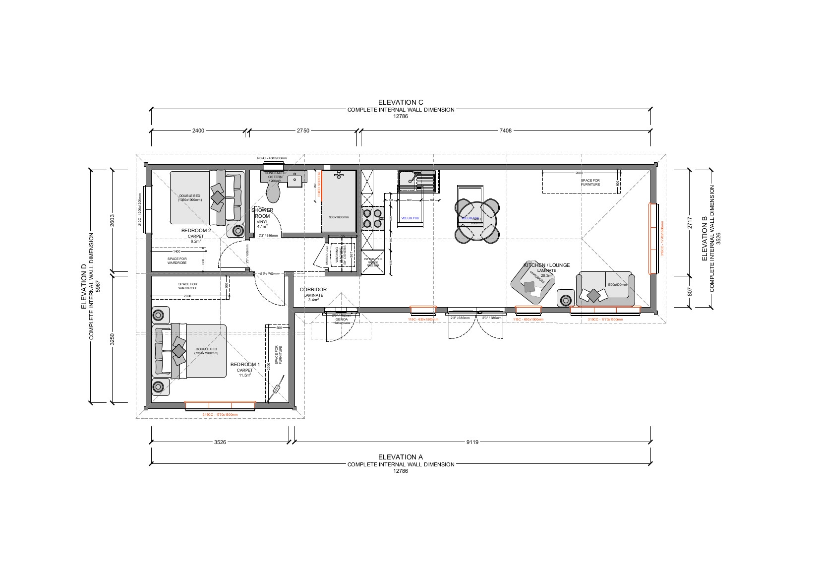 Two Bedroom L Shape 3 6m X 12 7m Ref 05 LH 2 Homelodge