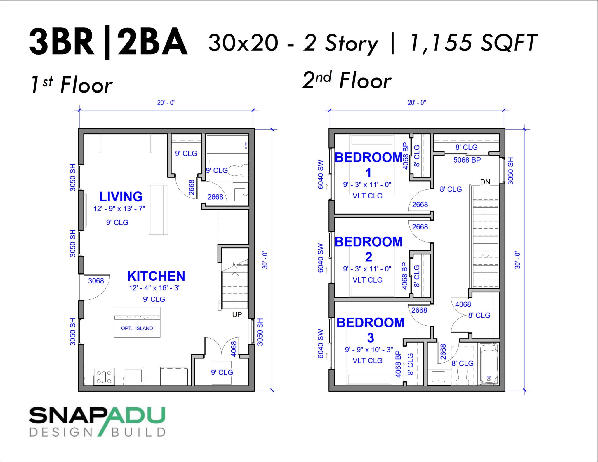 Two Story ADU Plan With 3 Bedrooms Under 1200 Square Feet